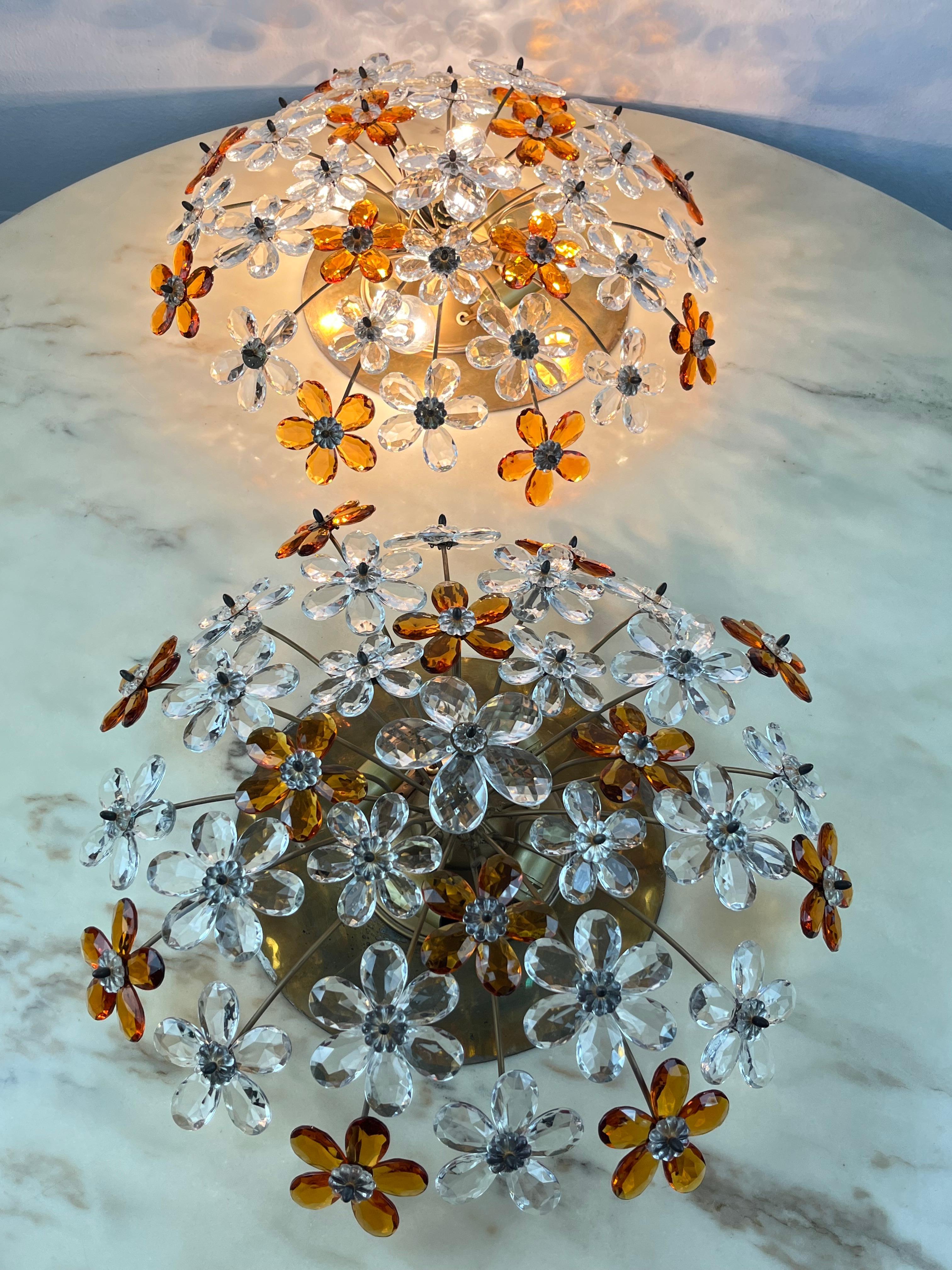Pair of 4-light Maison Baguès Mid-Century Crystal Flower Ceiling Lights For Sale 2