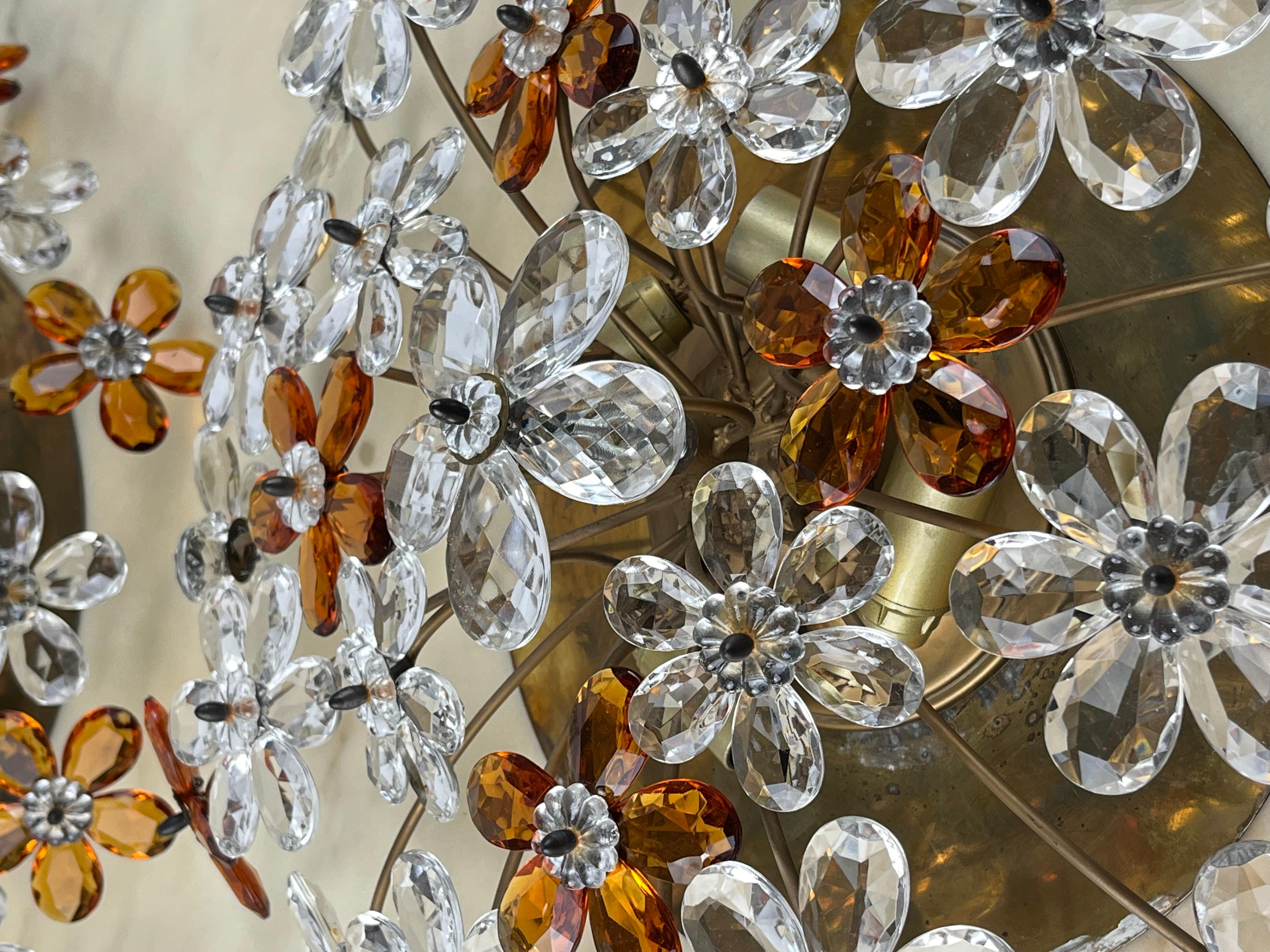 Pair of 4-light Maison Baguès Mid-Century Crystal Flower Ceiling Lights For Sale 3