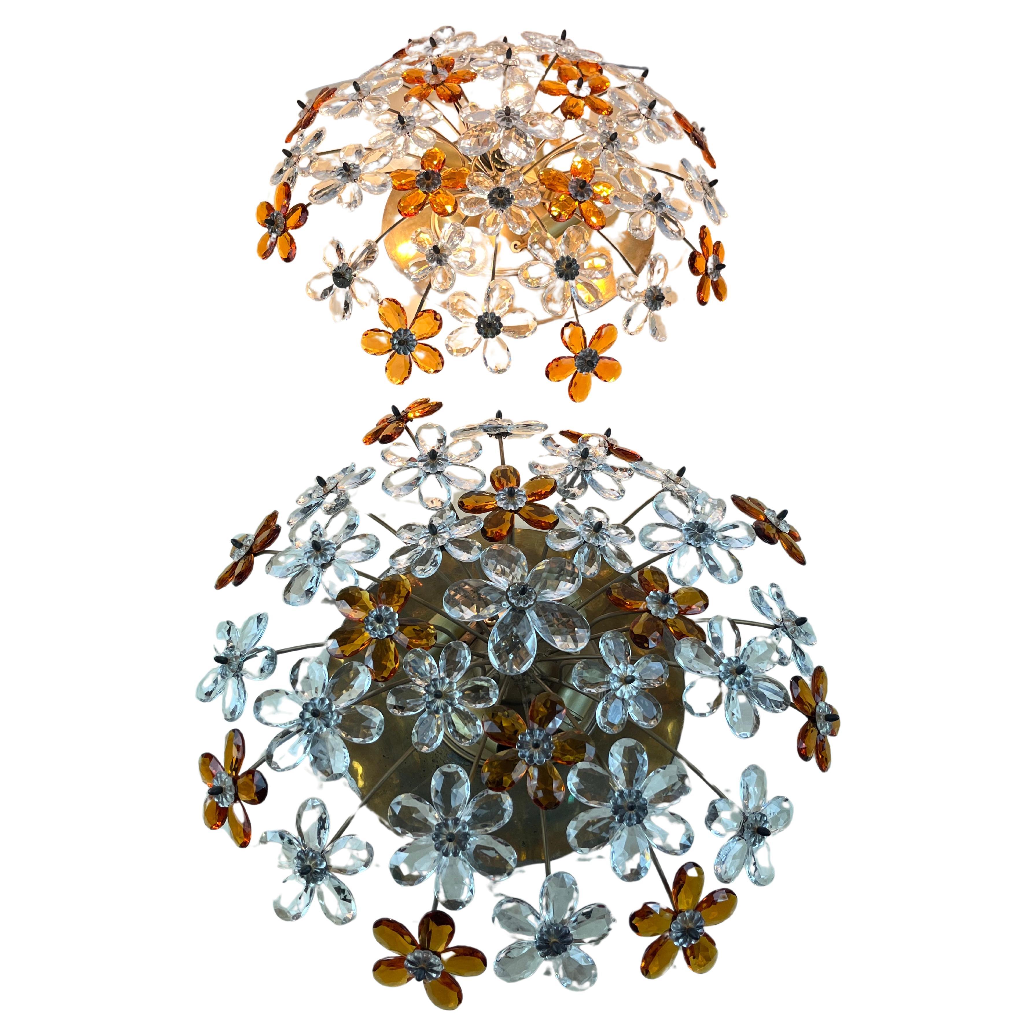Pair of 4-light Maison Baguès Mid-Century Crystal Flower Ceiling Lights