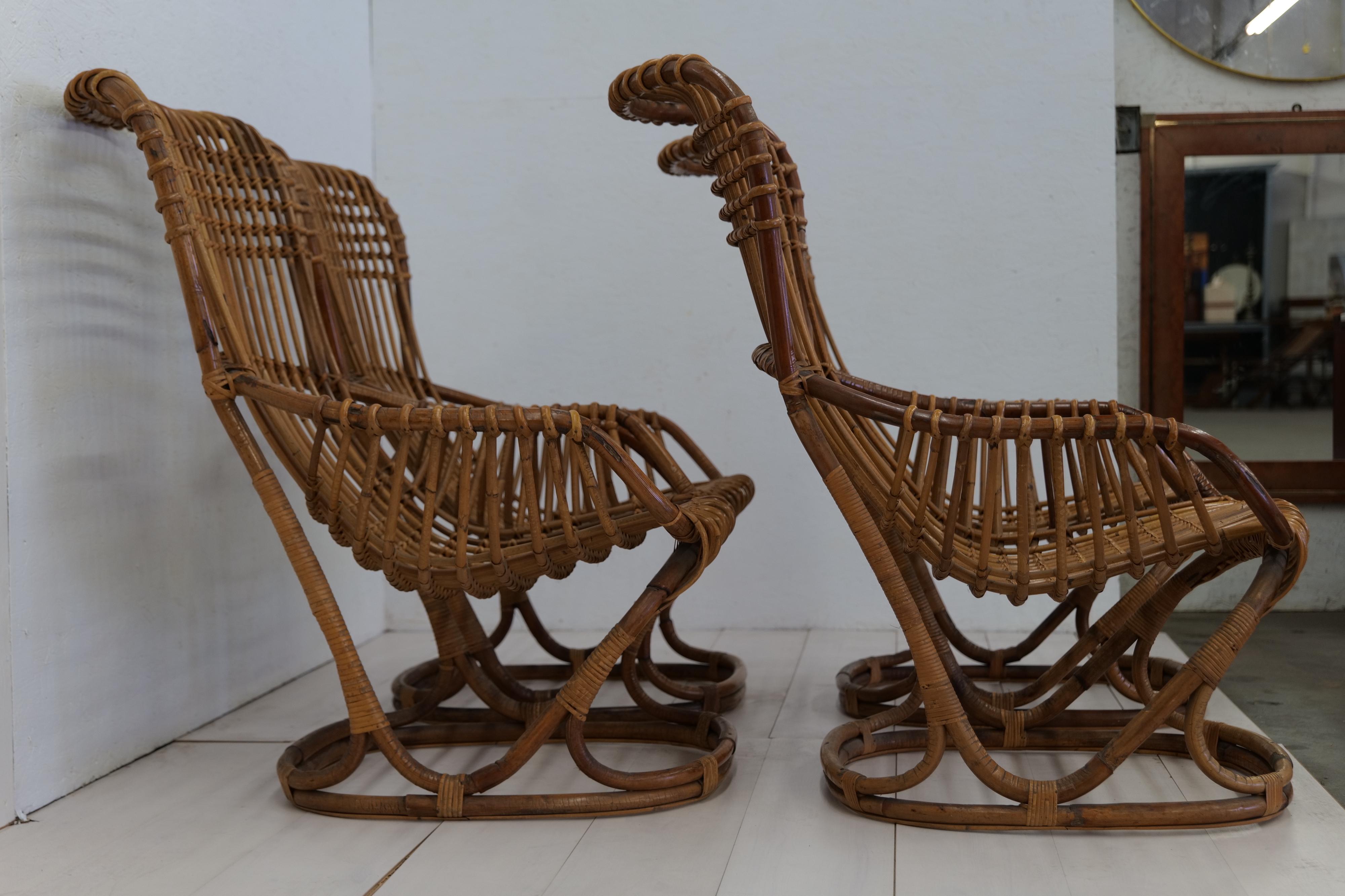Pair of 4 Vintage Italian Tito Agnoli Rattan Chairs, 1950s For Sale 5