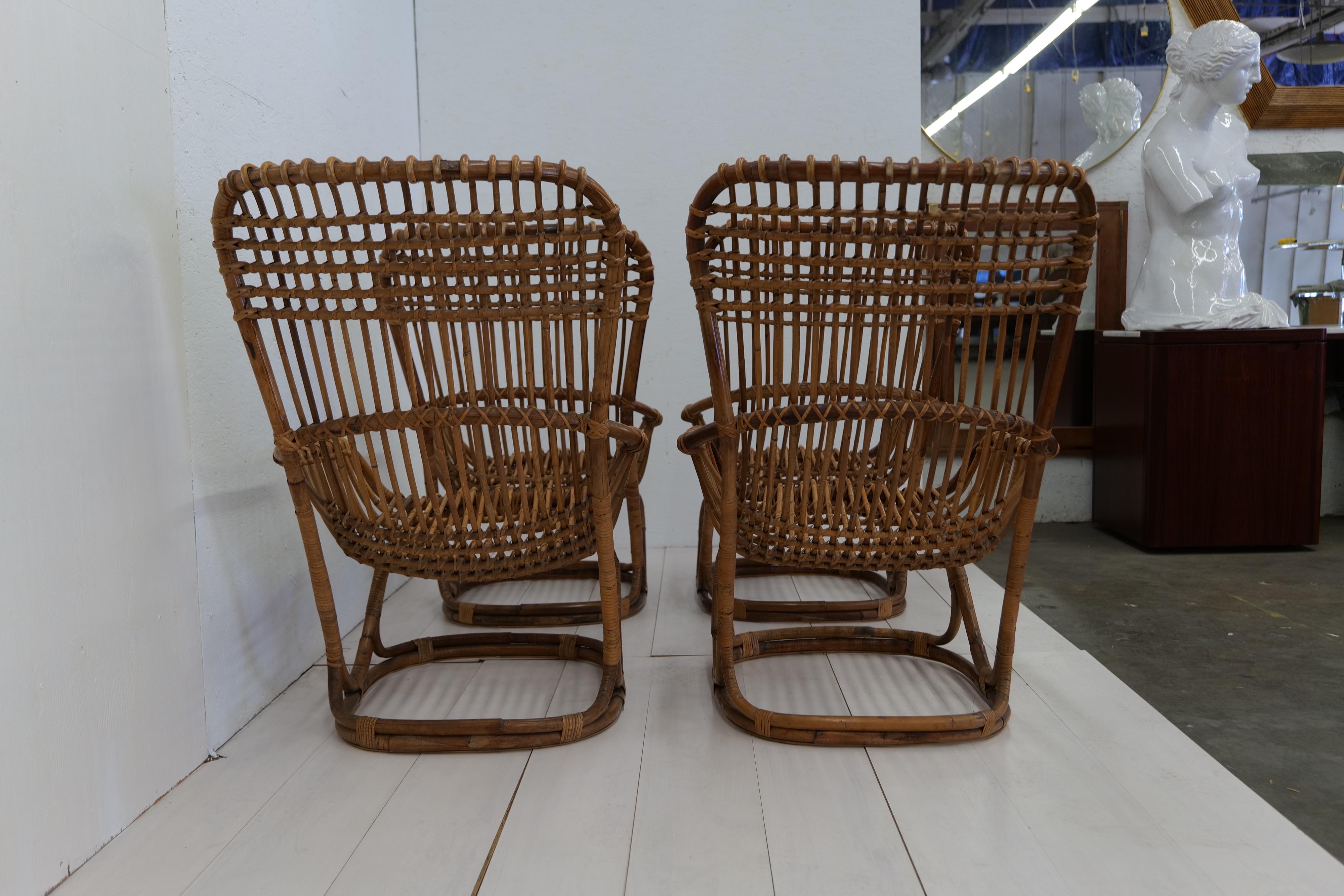 Pair of 4 Vintage Italian Tito Agnoli Rattan Chairs, 1950s For Sale 6