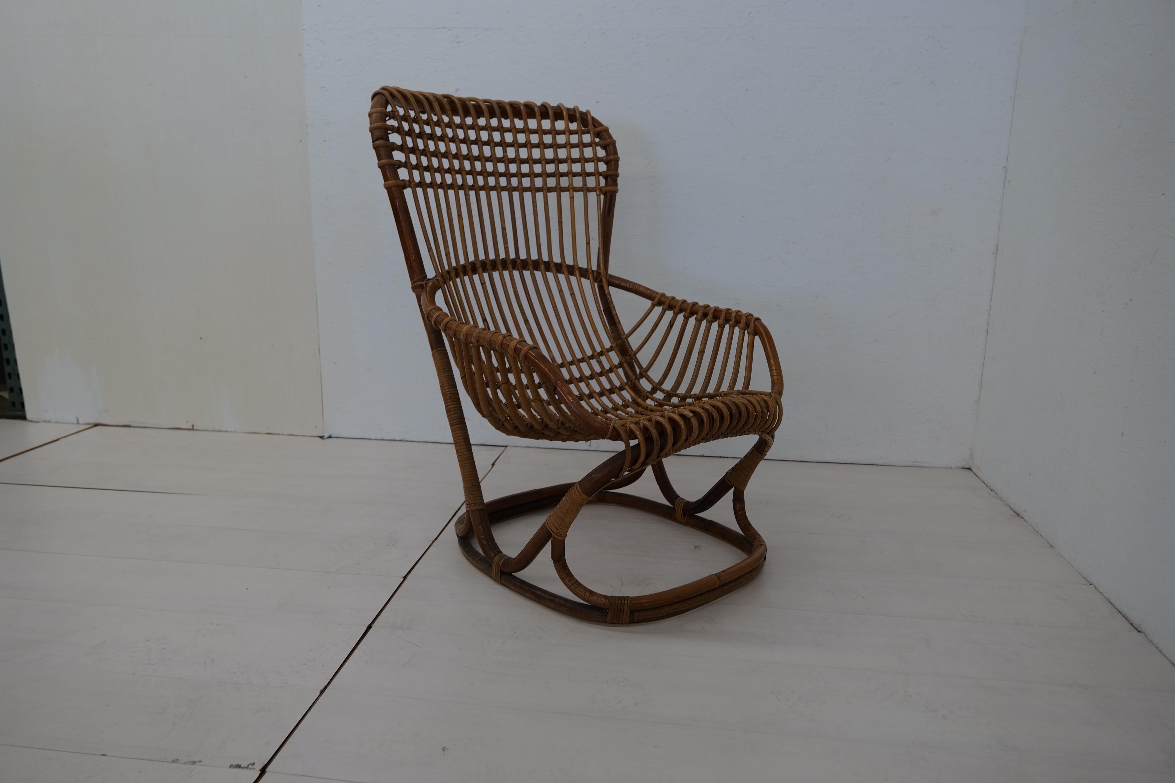 Pair of 4 Vintage Italian Tito Agnoli Rattan Chairs, 1950s For Sale 7