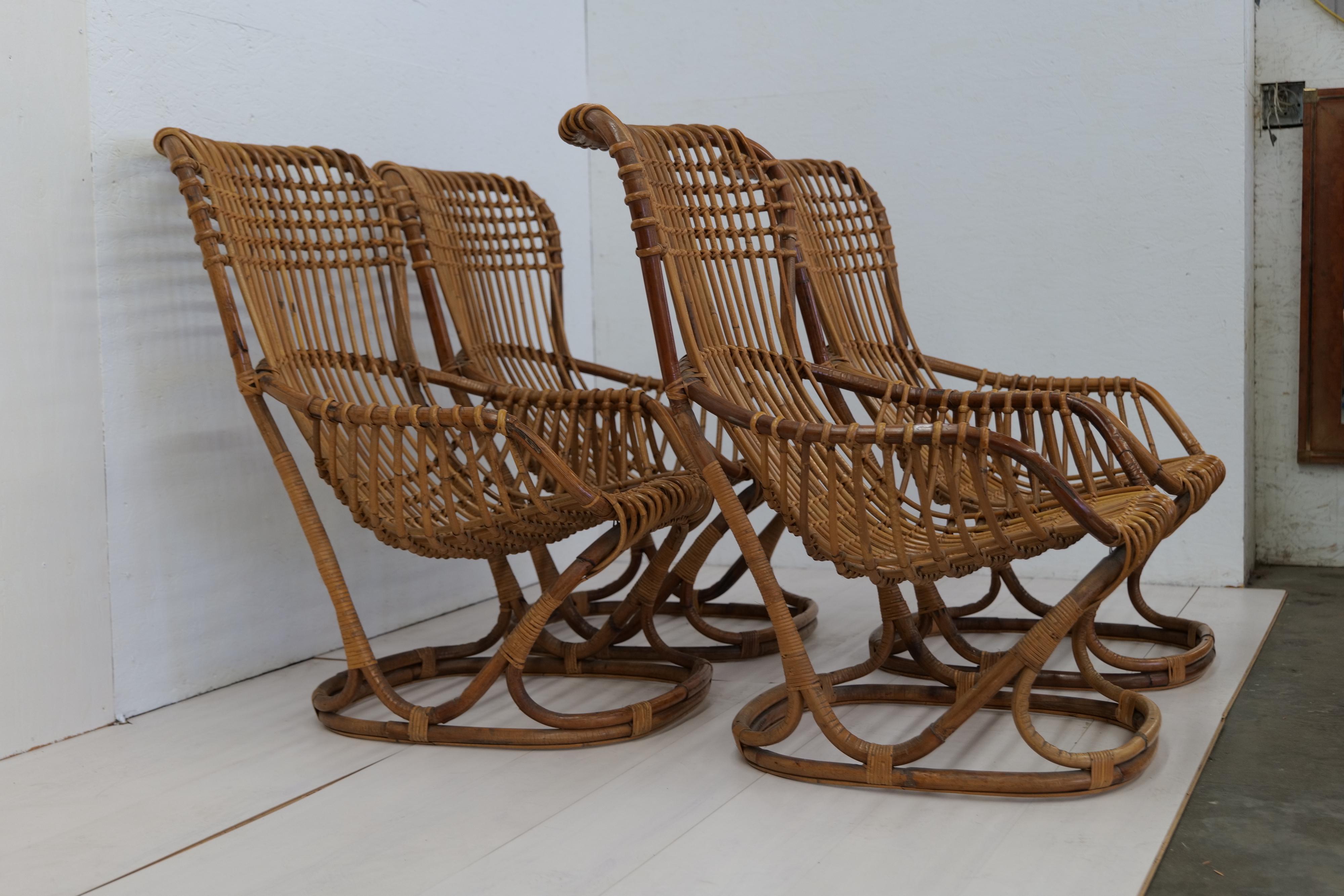 Mid-Century Modern Pair of 4 Vintage Italian Tito Agnoli Rattan Chairs, 1950s For Sale