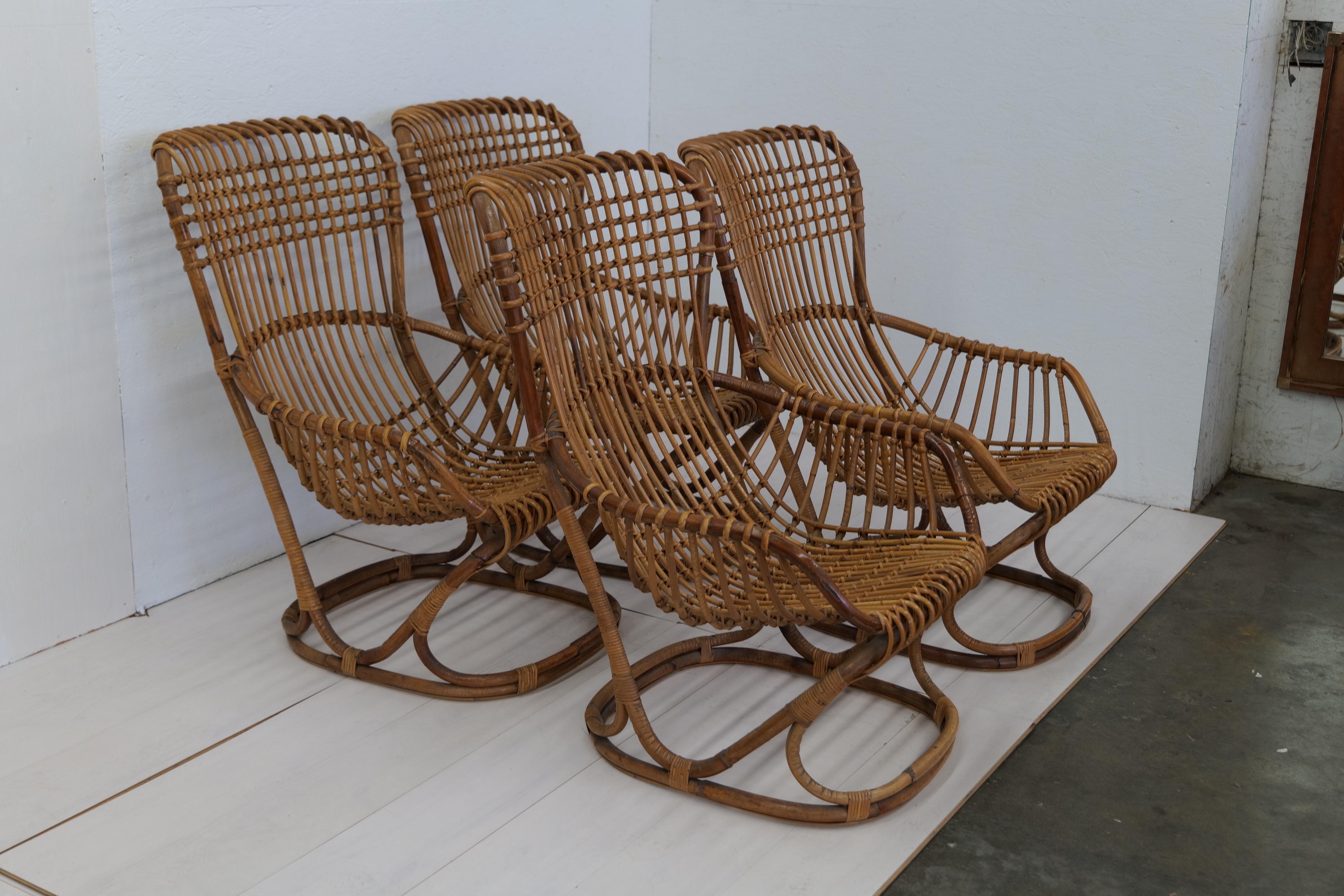 Pair of 4 Vintage Italian Tito Agnoli Rattan Chairs, 1950s In Good Condition For Sale In Los Angeles, CA