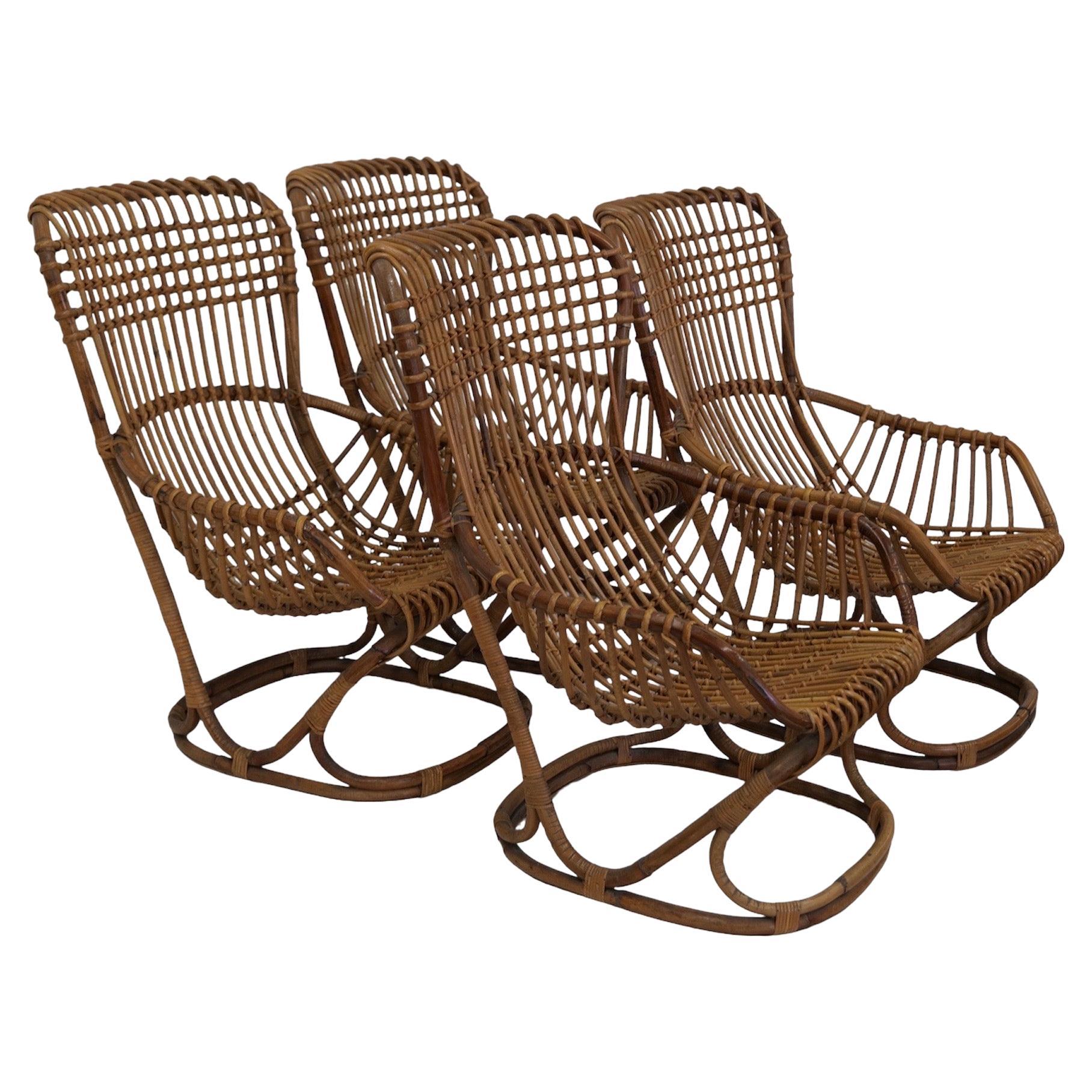 Pair of 4 Vintage Italian Tito Agnoli Rattan Chairs, 1950s For Sale