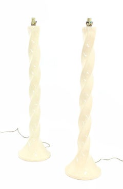 Pair of 49" Tall  Twisted Square Glazed White Pottery Ceramic Column Floor Lamps