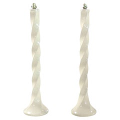 Pair of 49" Tall  Twisted Square Glazed White Pottery Ceramic Column Floor Lamps