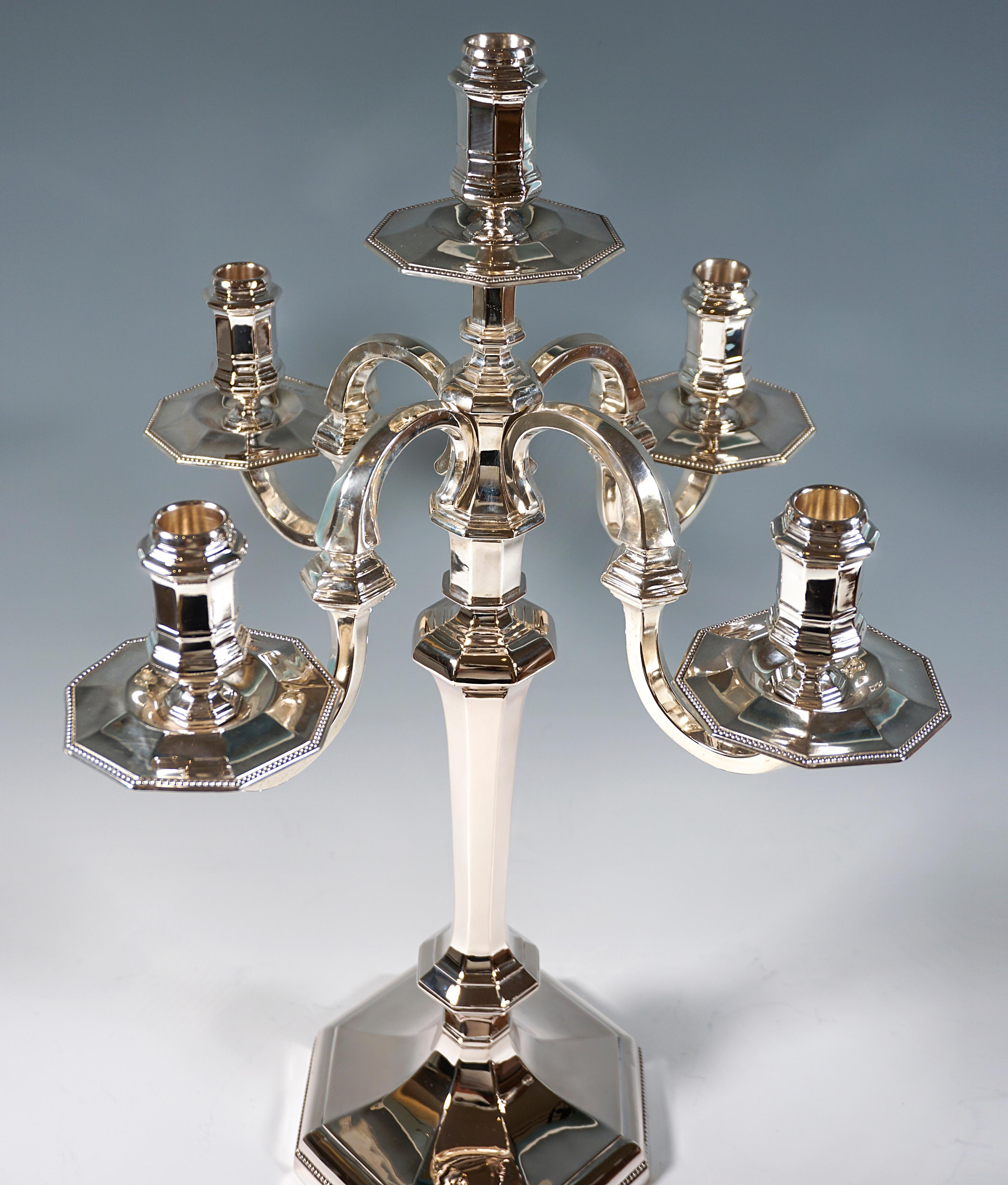 Hand-Crafted Pair Of 5-Flame Art Deco Silver Candelabras, Bruckmann & Sons Germany, Ca 1930 For Sale
