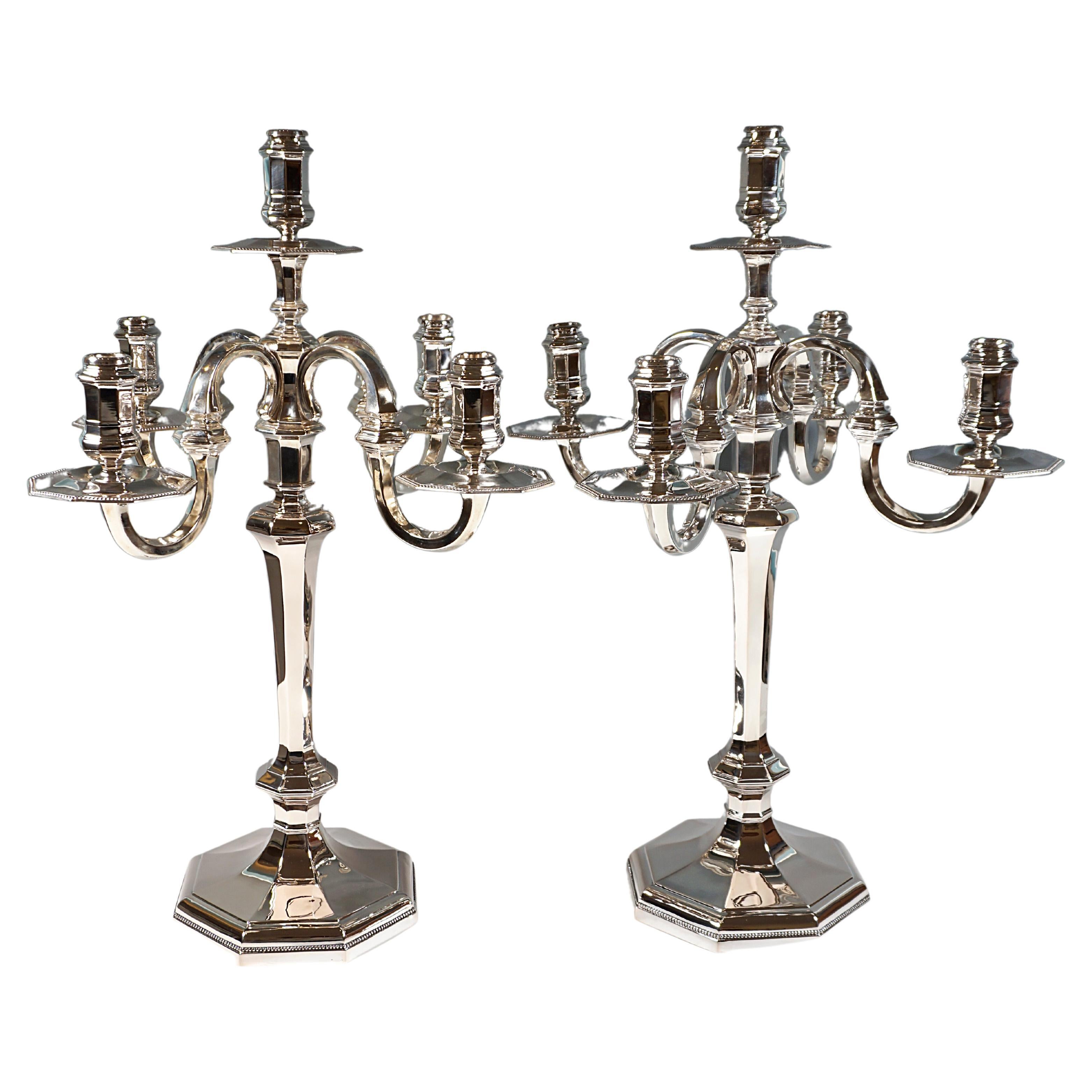 Pair Of 5-Flame Art Deco Silver Candelabras, Bruckmann & Sons Germany, Ca 1930 For Sale