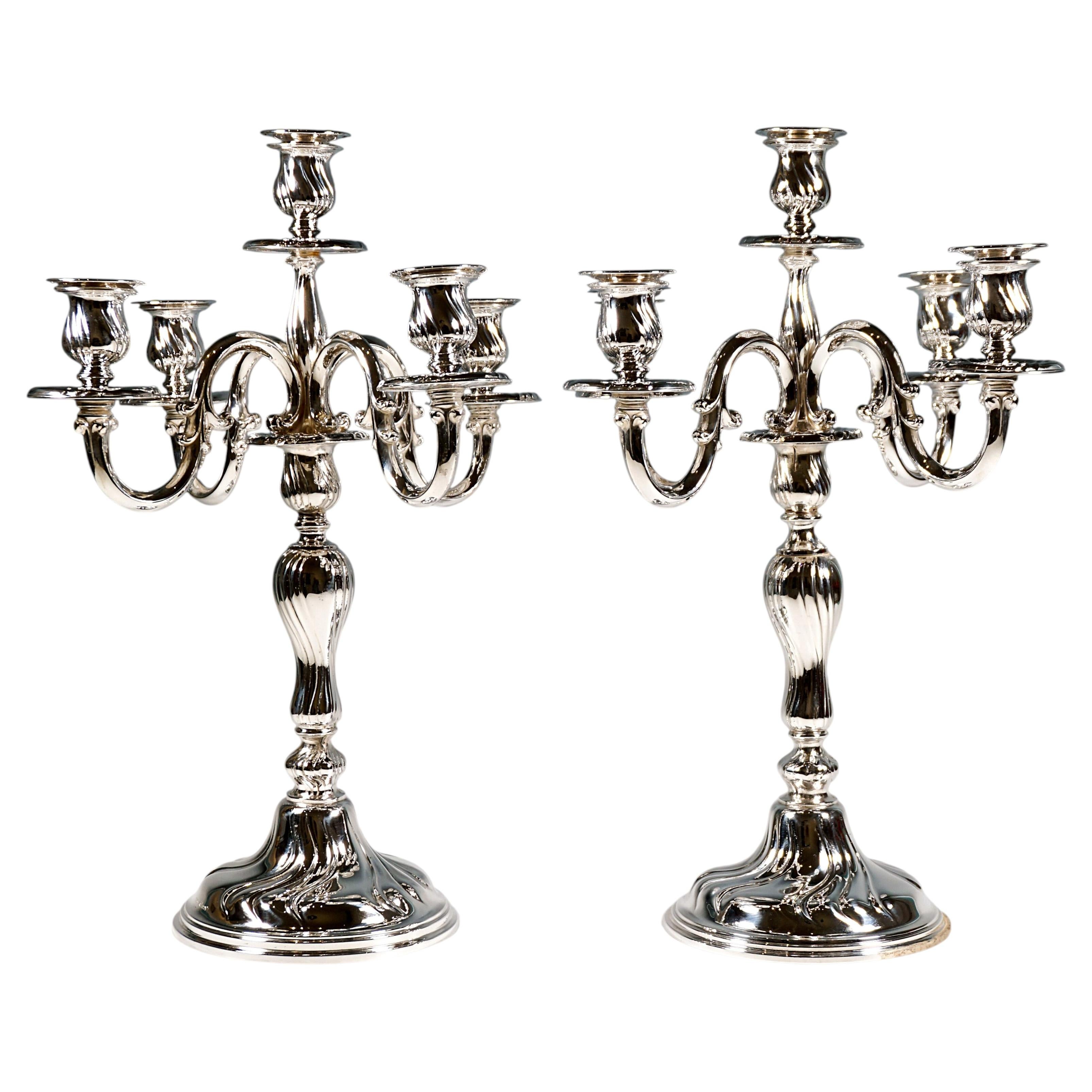 Pair Of 5-Flame Art Deco Silver Candelabras, By Wilhelm Binder Germany, Ca 1920