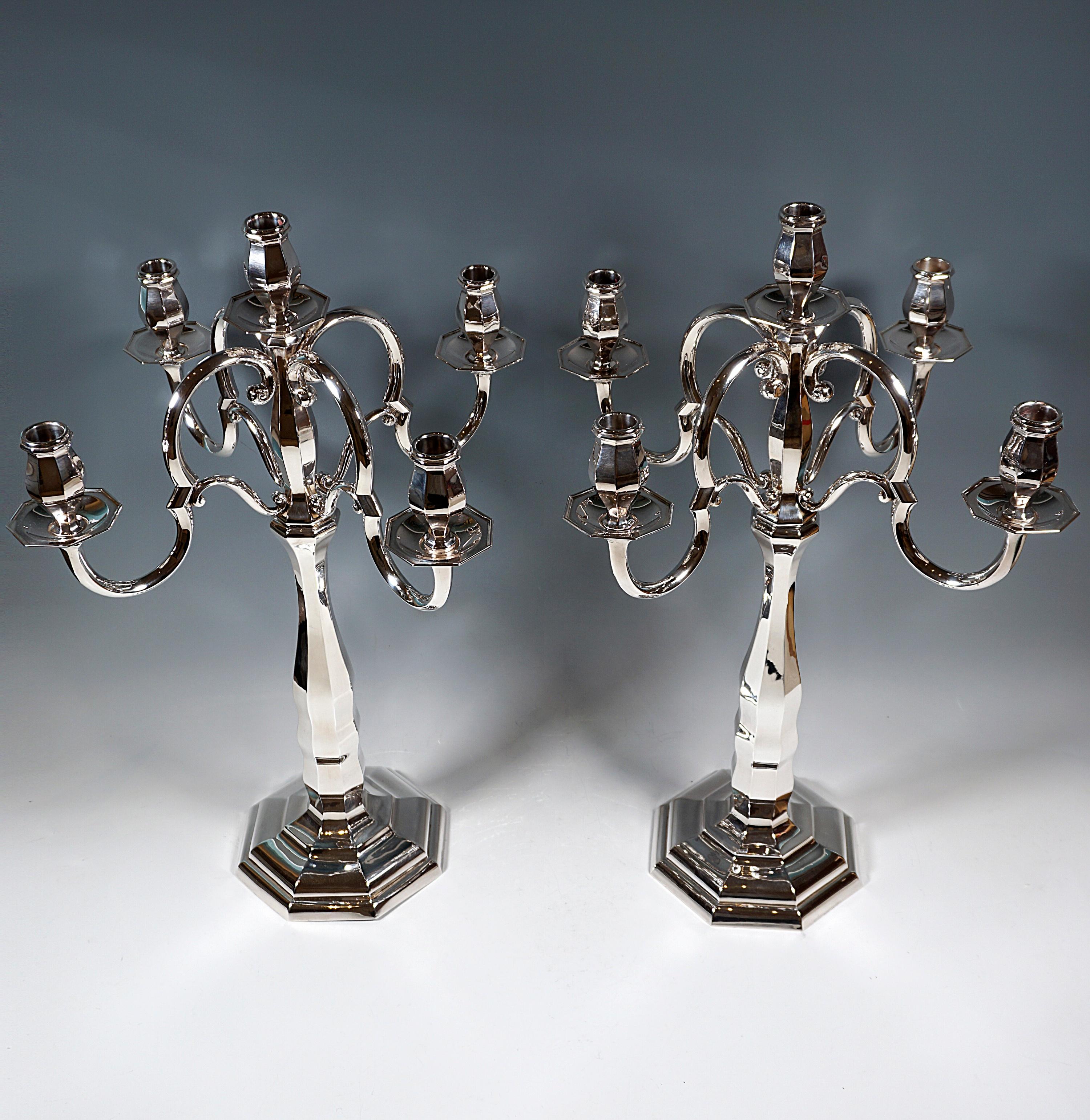 Hand-Crafted Pair of 5-Flame Art Deco Silver Candelabras by Wilhelm Binder Germany Ca 1930 For Sale