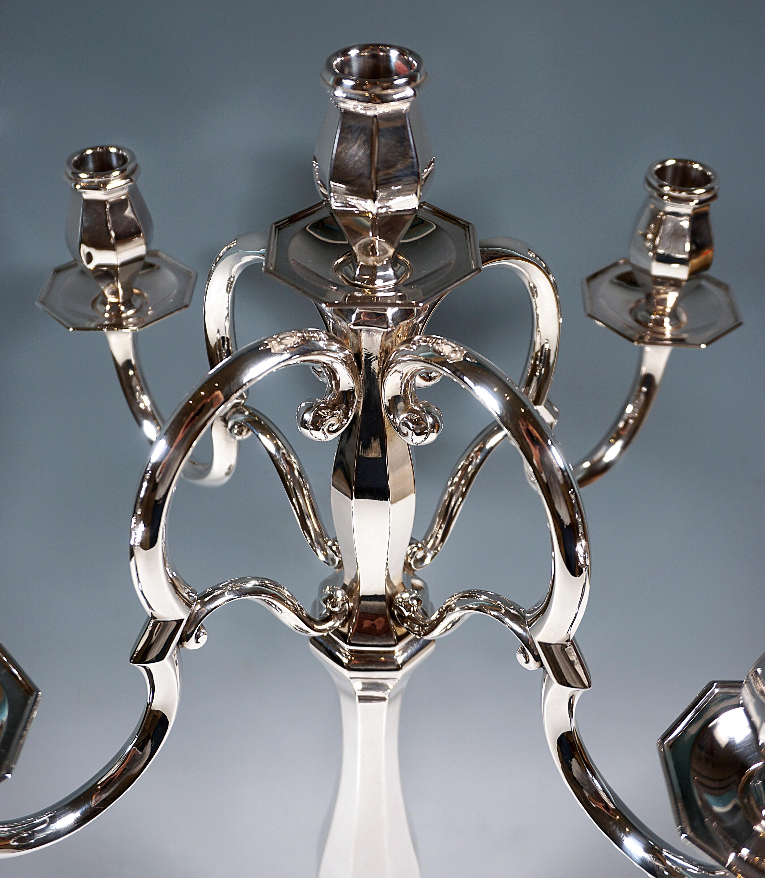 Mid-20th Century Pair of 5-Flame Art Deco Silver Candelabras by Wilhelm Binder Germany Ca 1930 For Sale