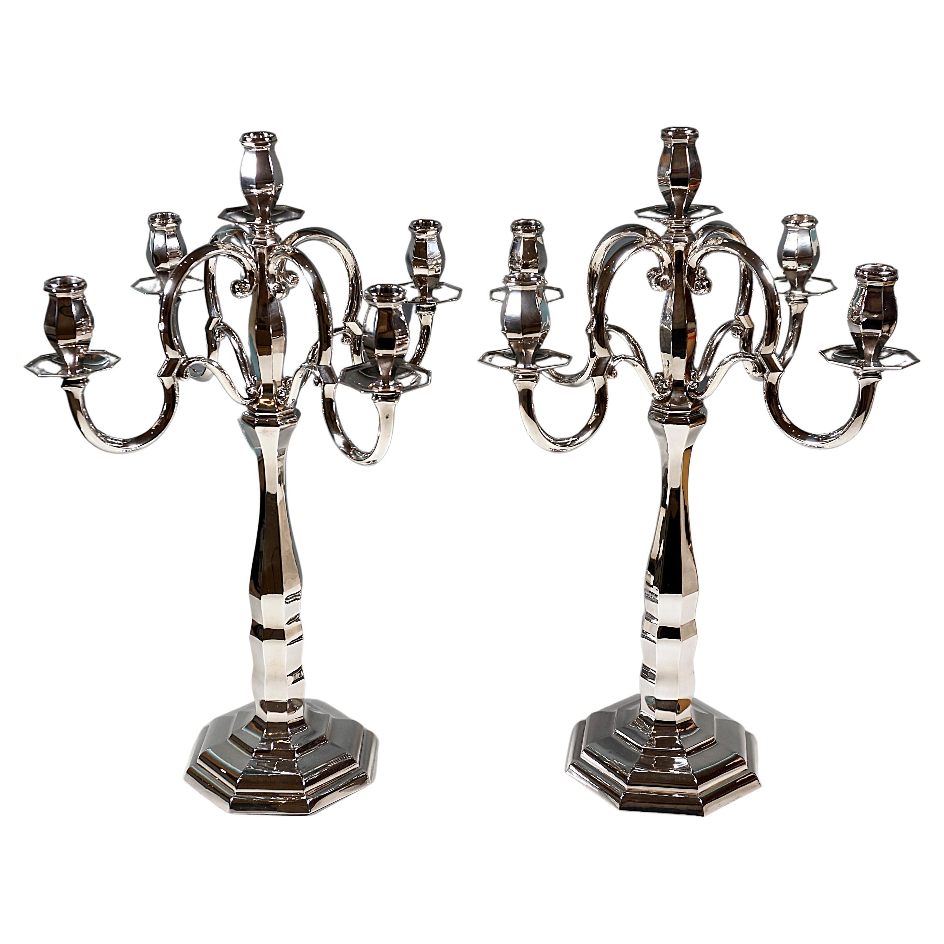 Pair of 5-Flame Art Deco Silver Candelabras by Wilhelm Binder Germany Ca 1930 For Sale