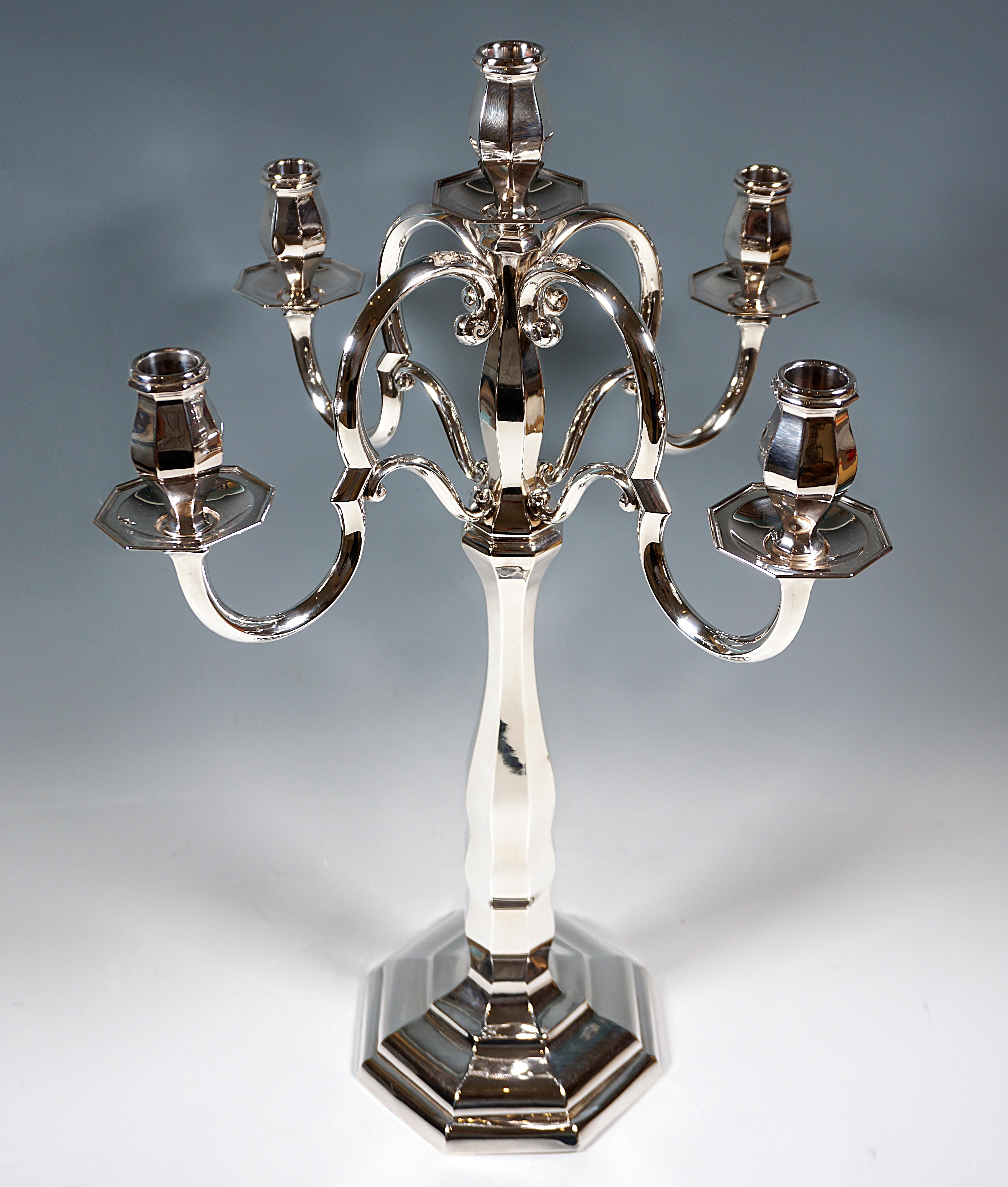 Hand-Crafted Pair of 5-Flame Art Deco Silver Candelabras, Wilhelm Binder Germany, Ca 1930