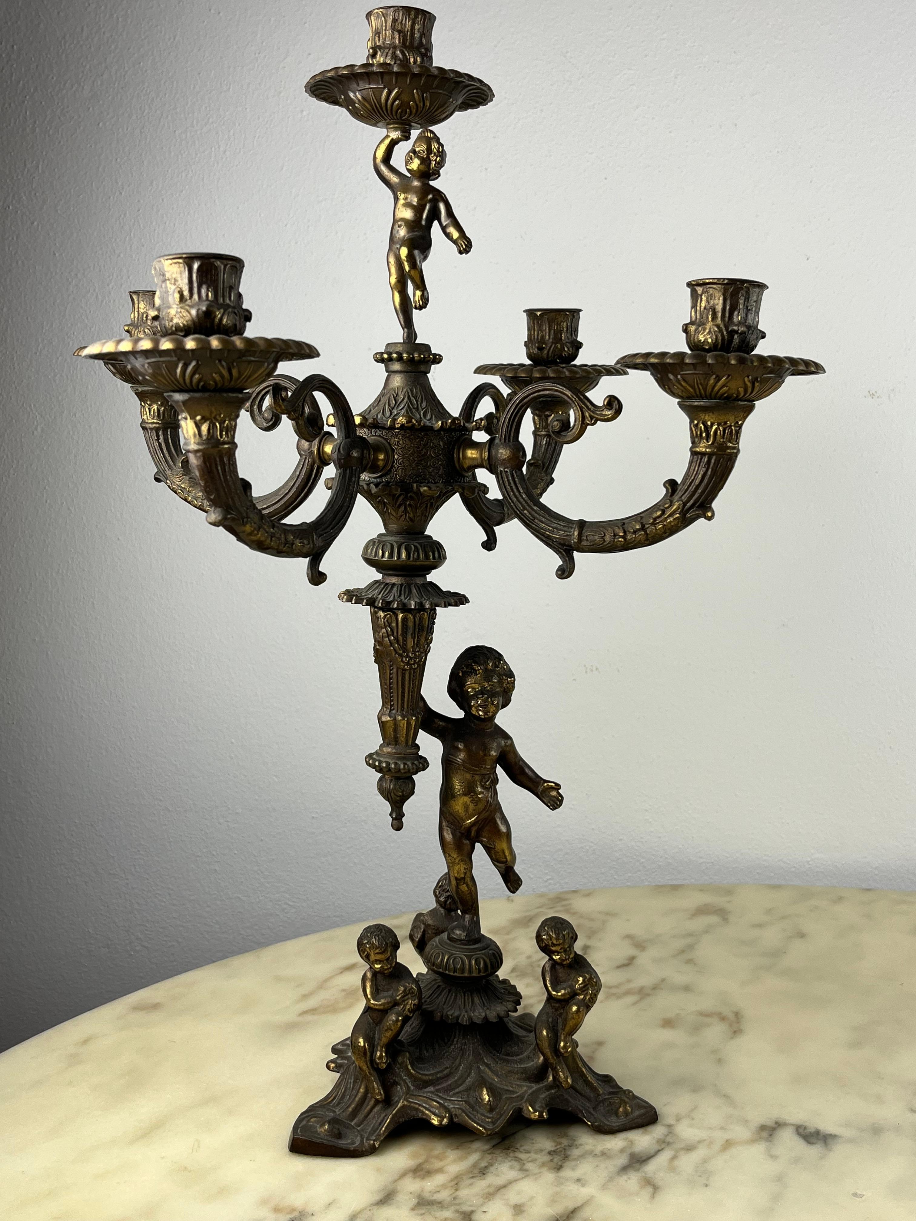 Italian Pair of 5-Flame Bronze Candelabra, Italy, 1960s For Sale