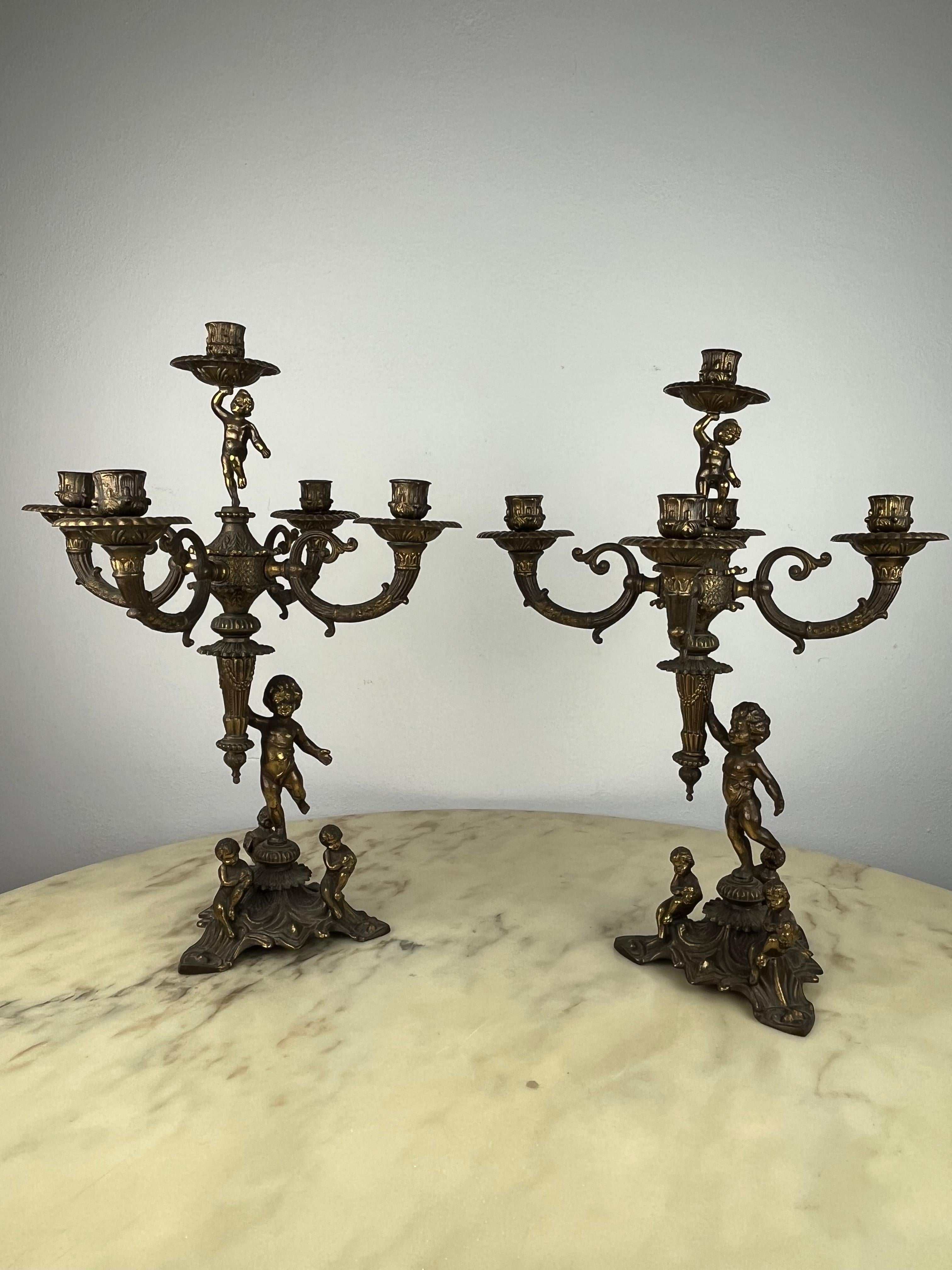 Pair of 5-Flame Bronze Candelabra, Italy, 1960s In Good Condition For Sale In Palermo, IT