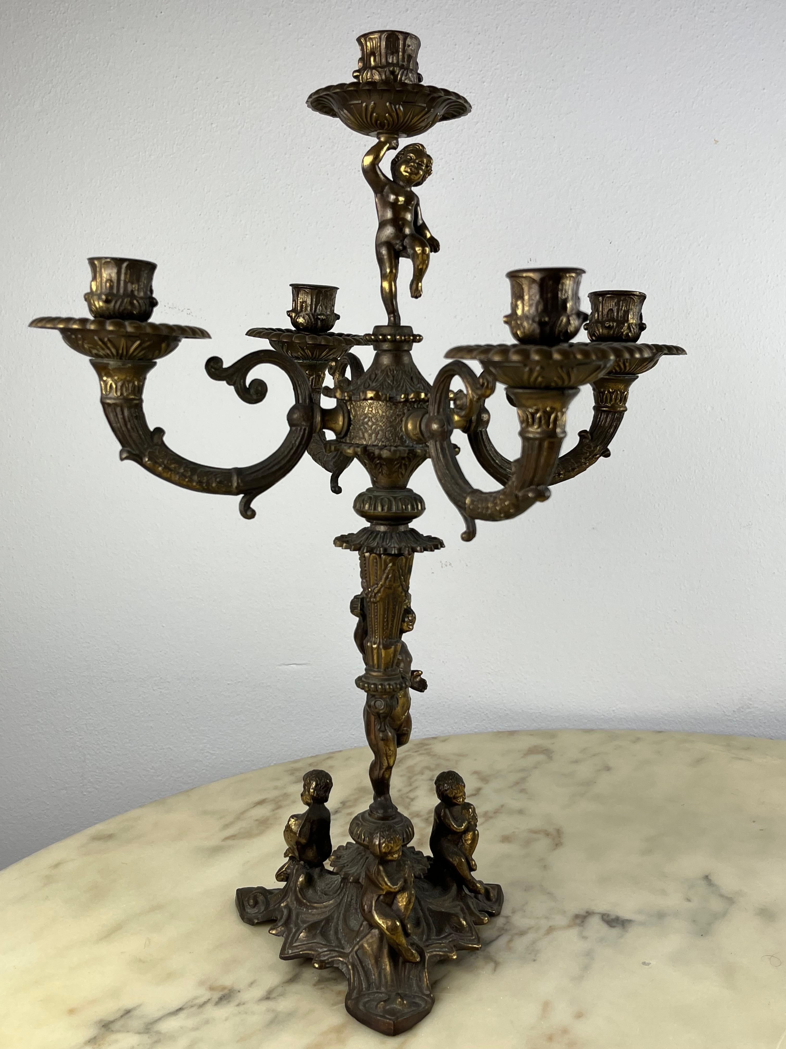 Mid-20th Century Pair of 5-Flame Bronze Candelabra, Italy, 1960s For Sale