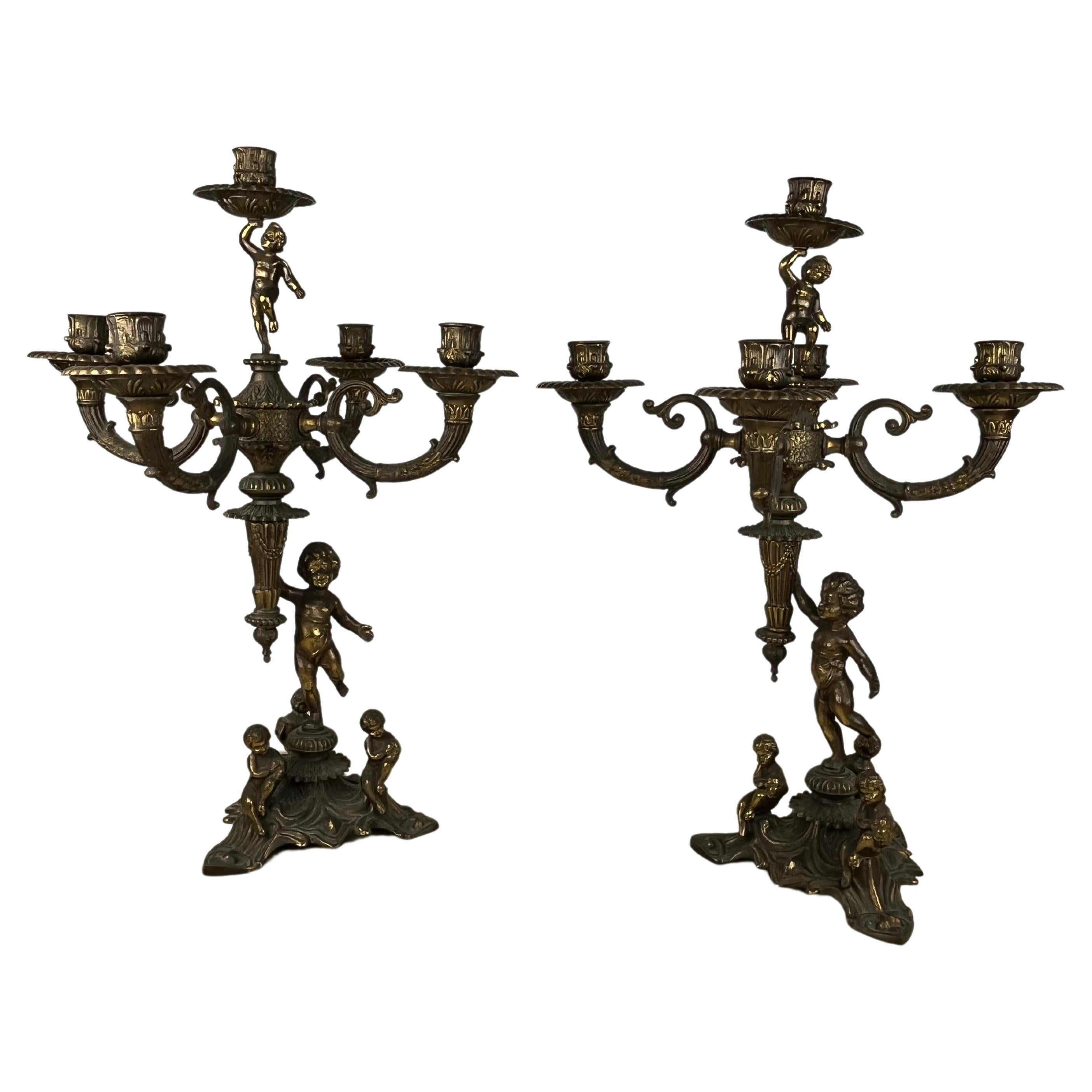 Pair of 5-Flame Bronze Candelabra, Italy, 1960s For Sale