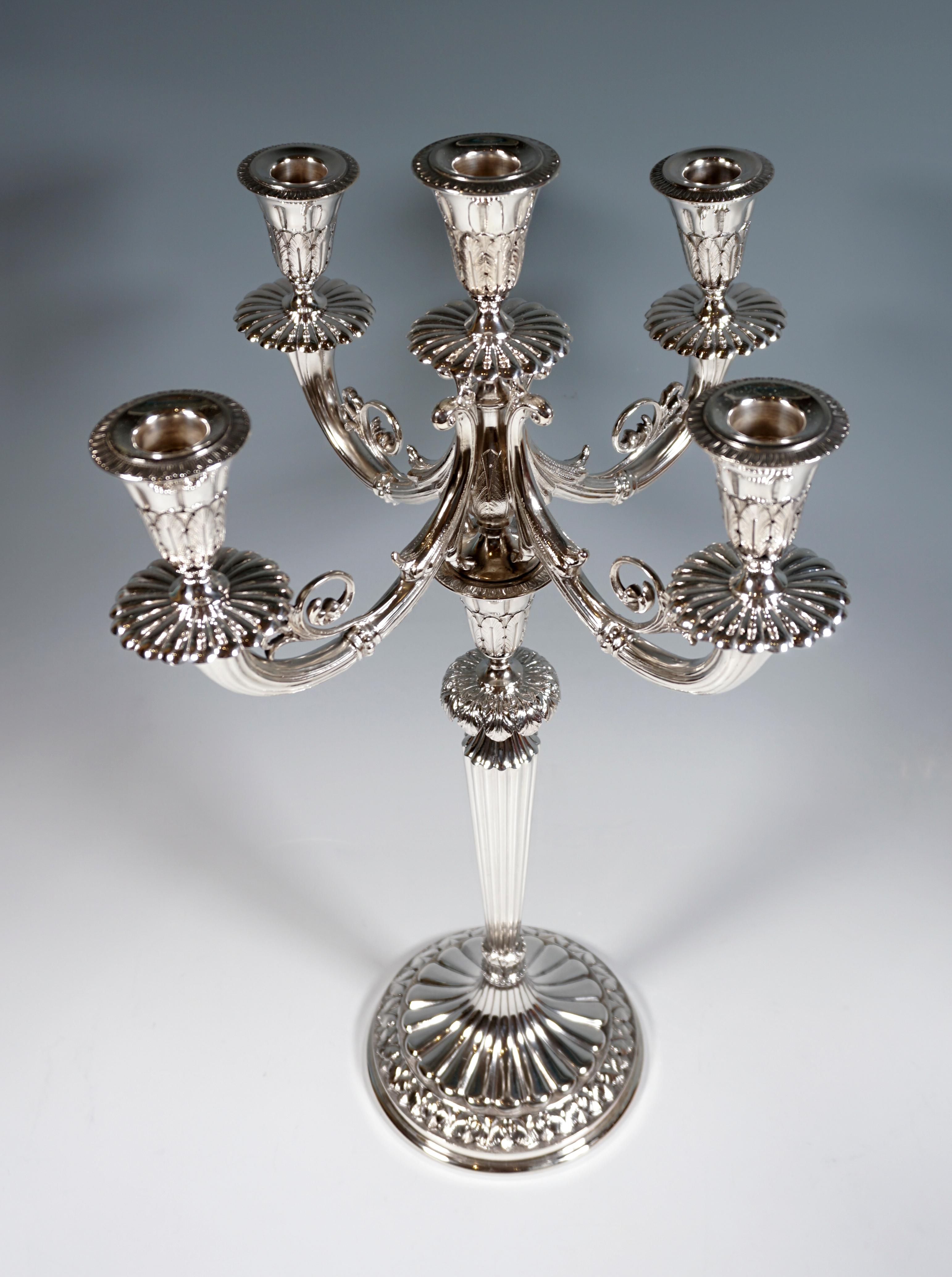 Art Nouveau Pair of 5-Flame Silver Candelabras with Acanthus Decoration, Milan, Around 1950