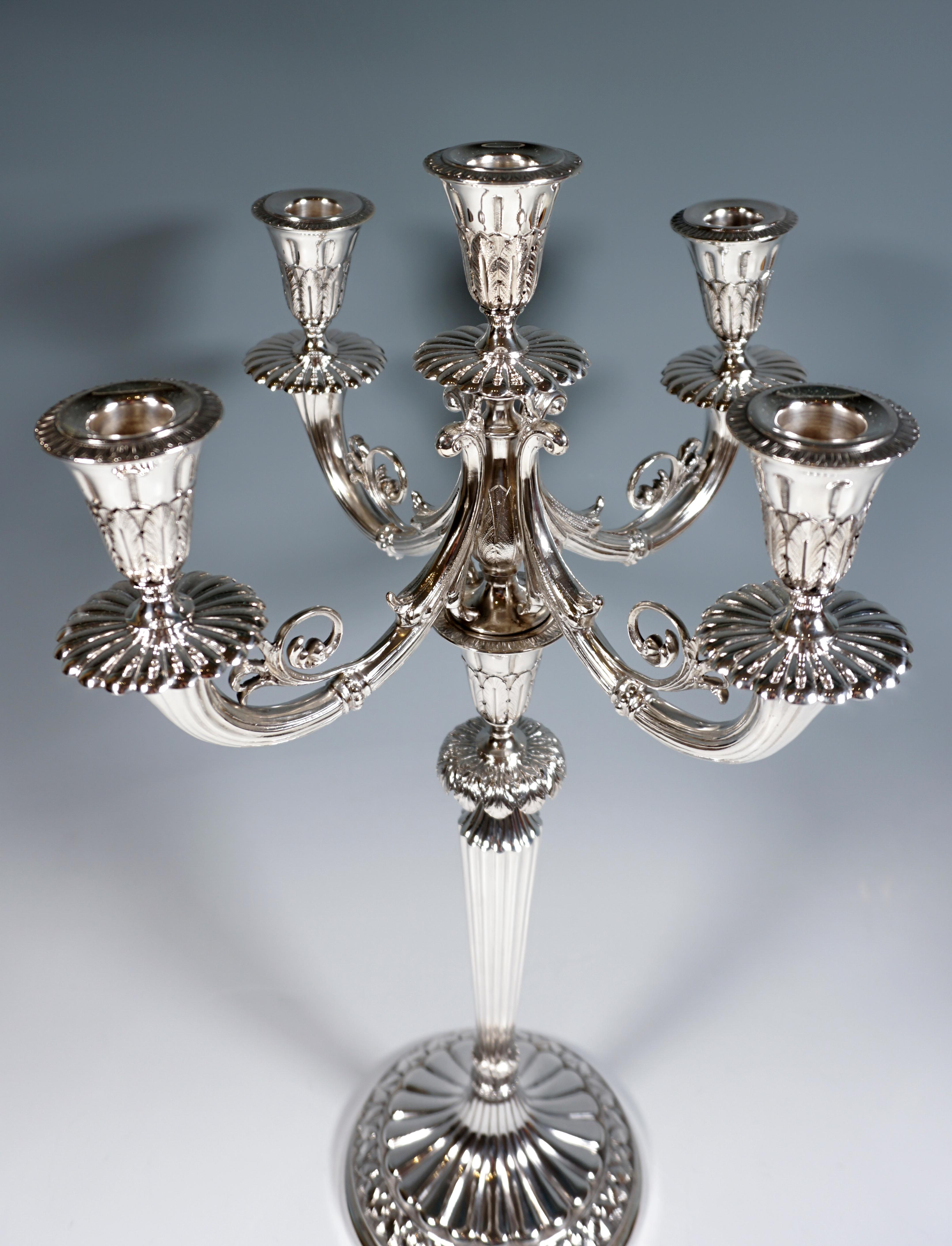 Italian Pair of 5-Flame Silver Candelabras with Acanthus Decoration, Milan, Around 1950