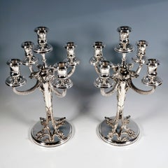 Pair of 5-Flame Silver Candelabra with Dolphin Arms, Belgium Around 1950