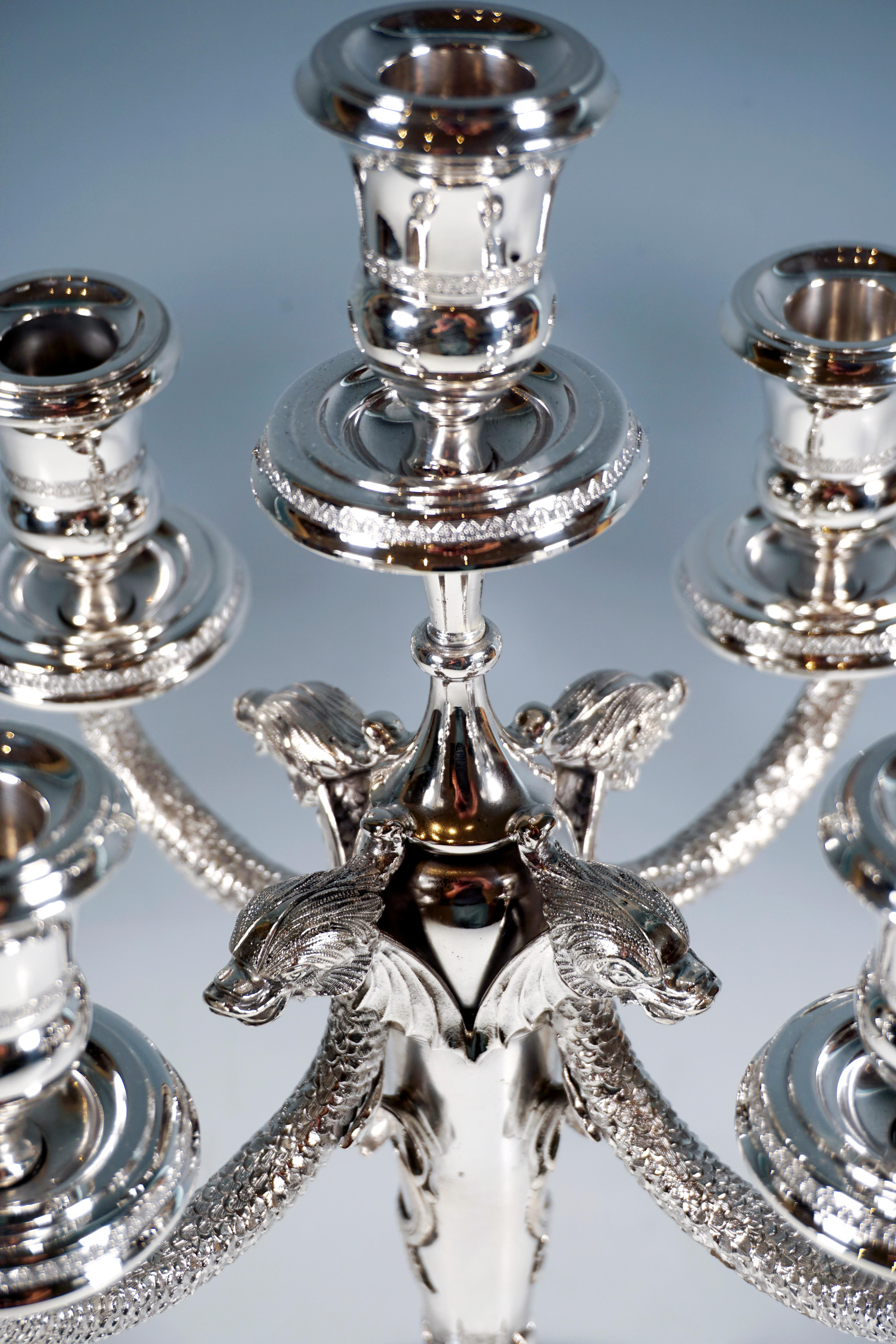 Belgian Pair of 5-Flame Silver Candelabras with Dolphin Arms, Belgium Around 1950 For Sale