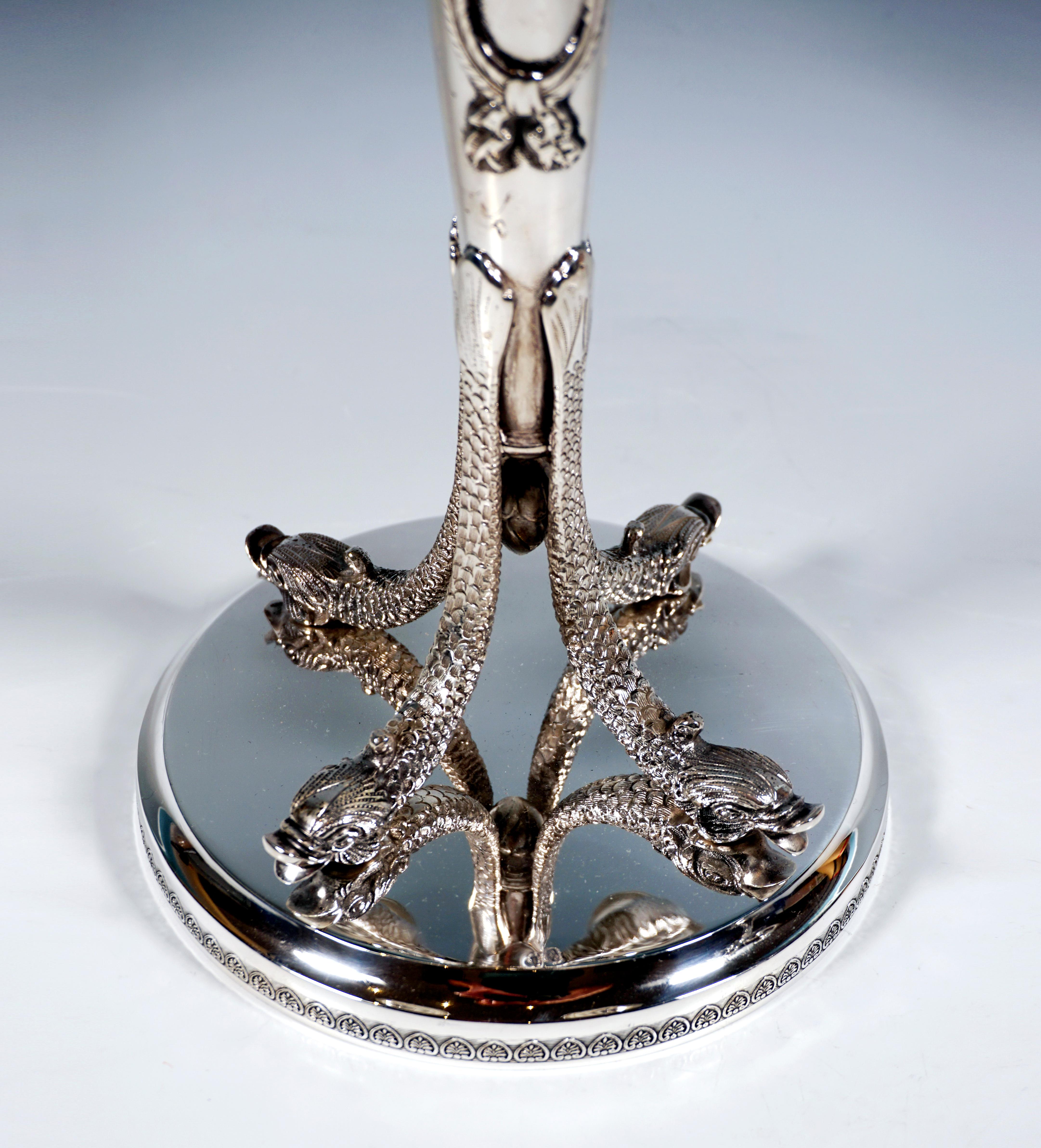 Hand-Crafted Pair of 5-Flame Silver Candelabras with Dolphin Arms, Belgium Around 1950 For Sale