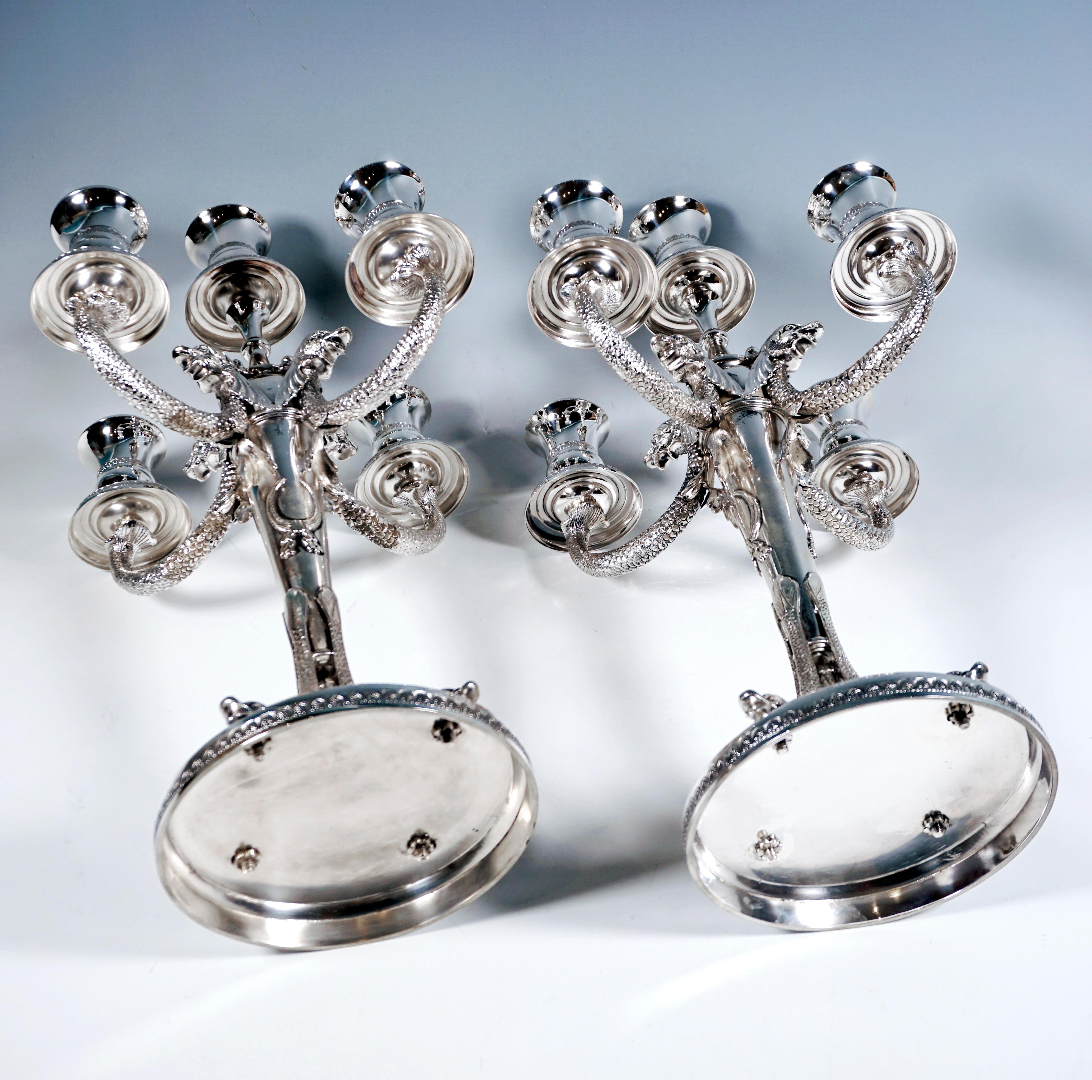 Mid-20th Century Pair of 5-Flame Silver Candelabras with Dolphin Arms, Belgium Around 1950 For Sale