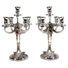 Pair of 5-Flame Silver Candelabras with Dolphin Arms, Belgium Around 1950