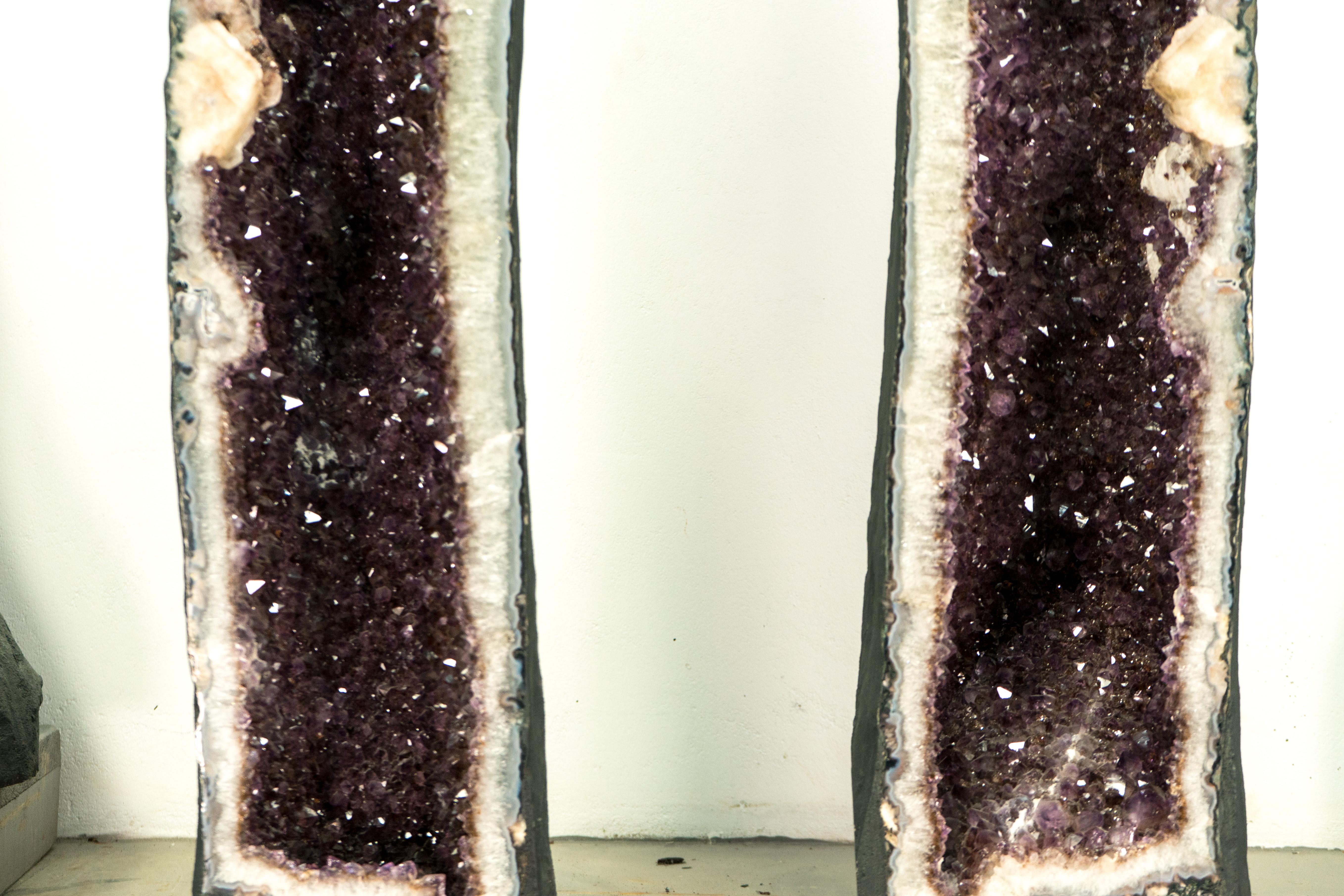 Brazilian Pair of 5 Ft Tall Large Amethyst Geode Cathedrals with Sparkly Lavender Amethyst For Sale