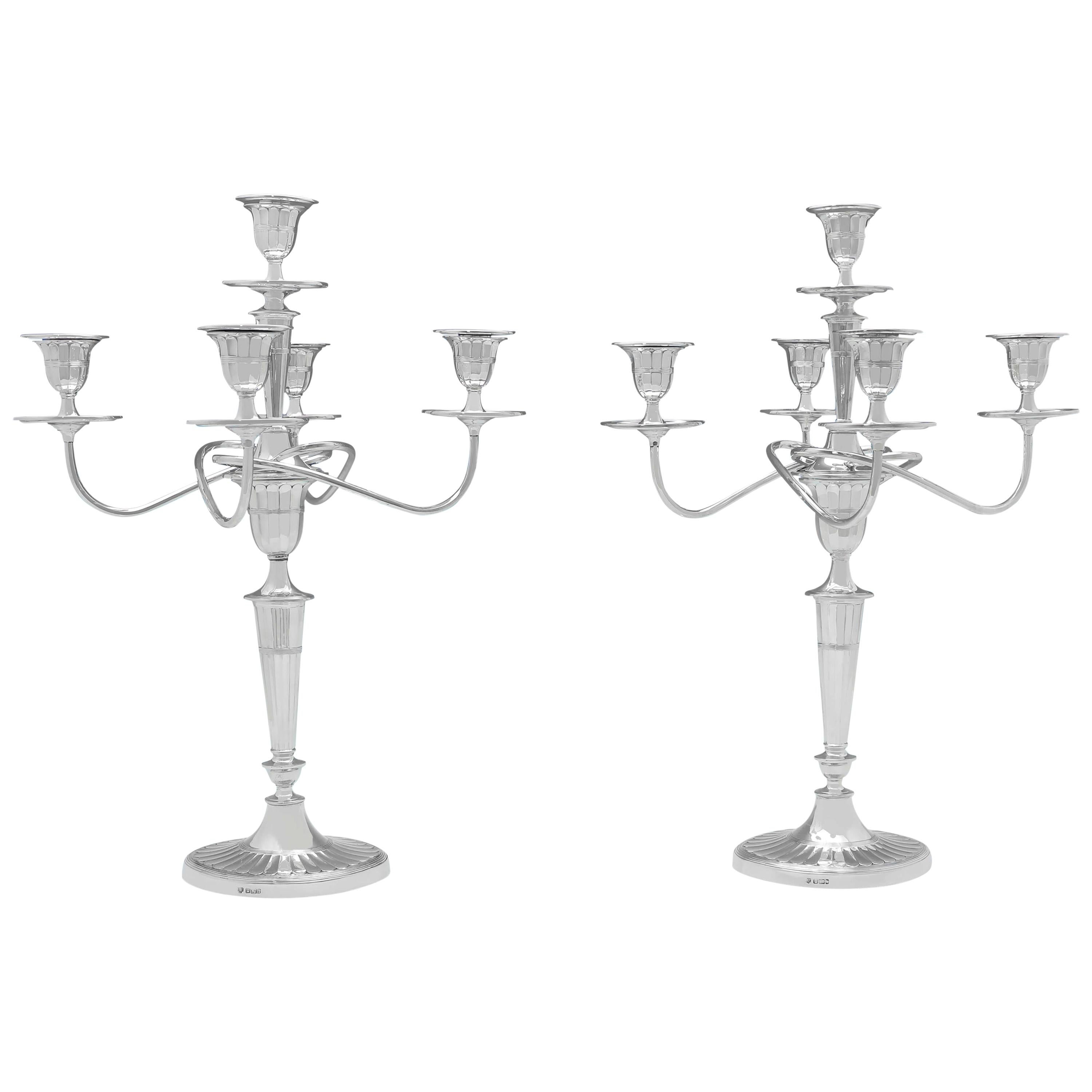 Pair of 5-Light Antique Sterling Silver Candelabra in Batwing Style Made in 1901 For Sale
