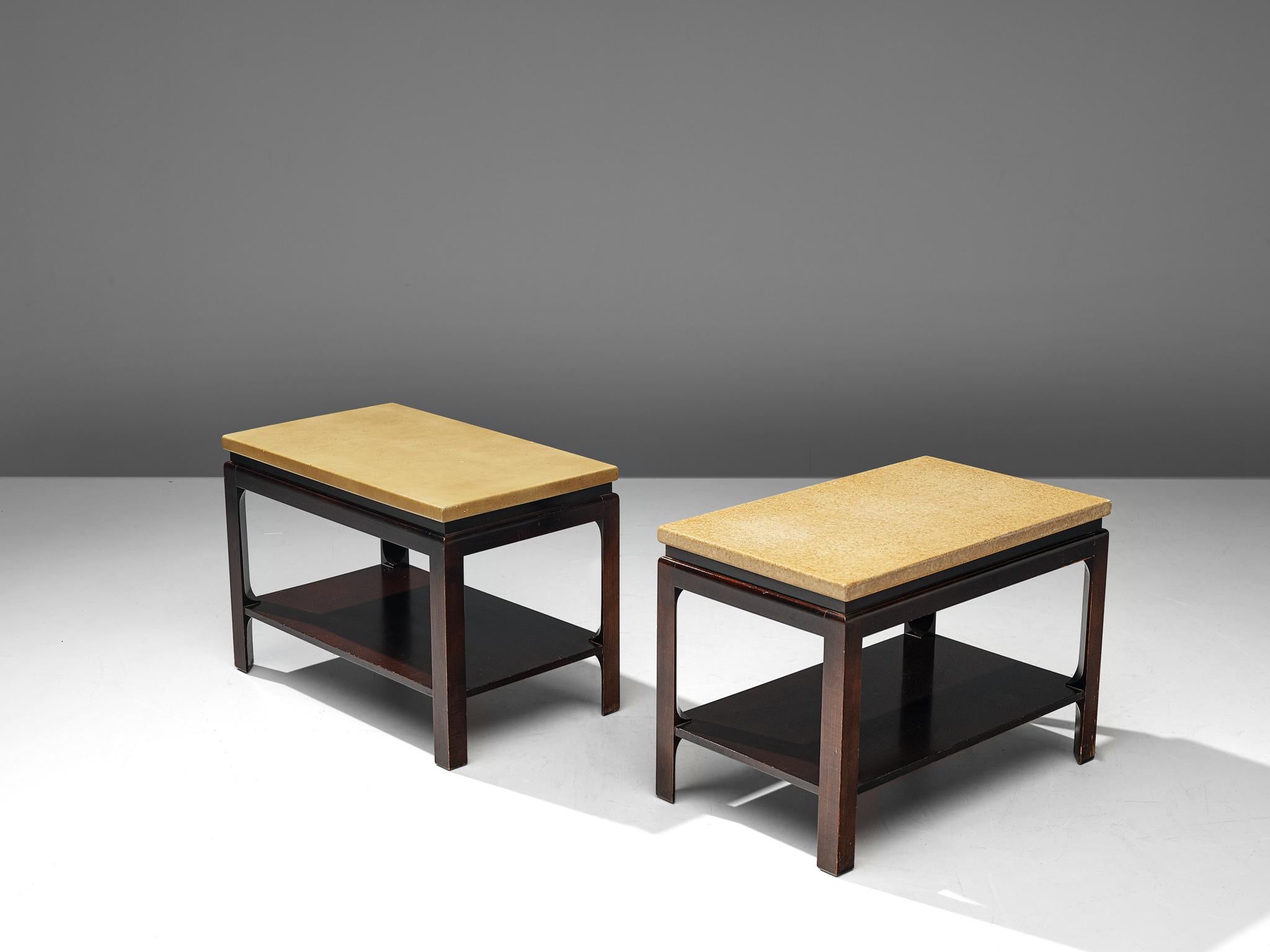 Paul Frankl for Johnson Furniture, pair of side tables, cork and mahogany, United States, circa 1951

This pair of side tables is designed by the Austrian-American modernist designer Paul Frankl. The mahogany end tables belong to a range of