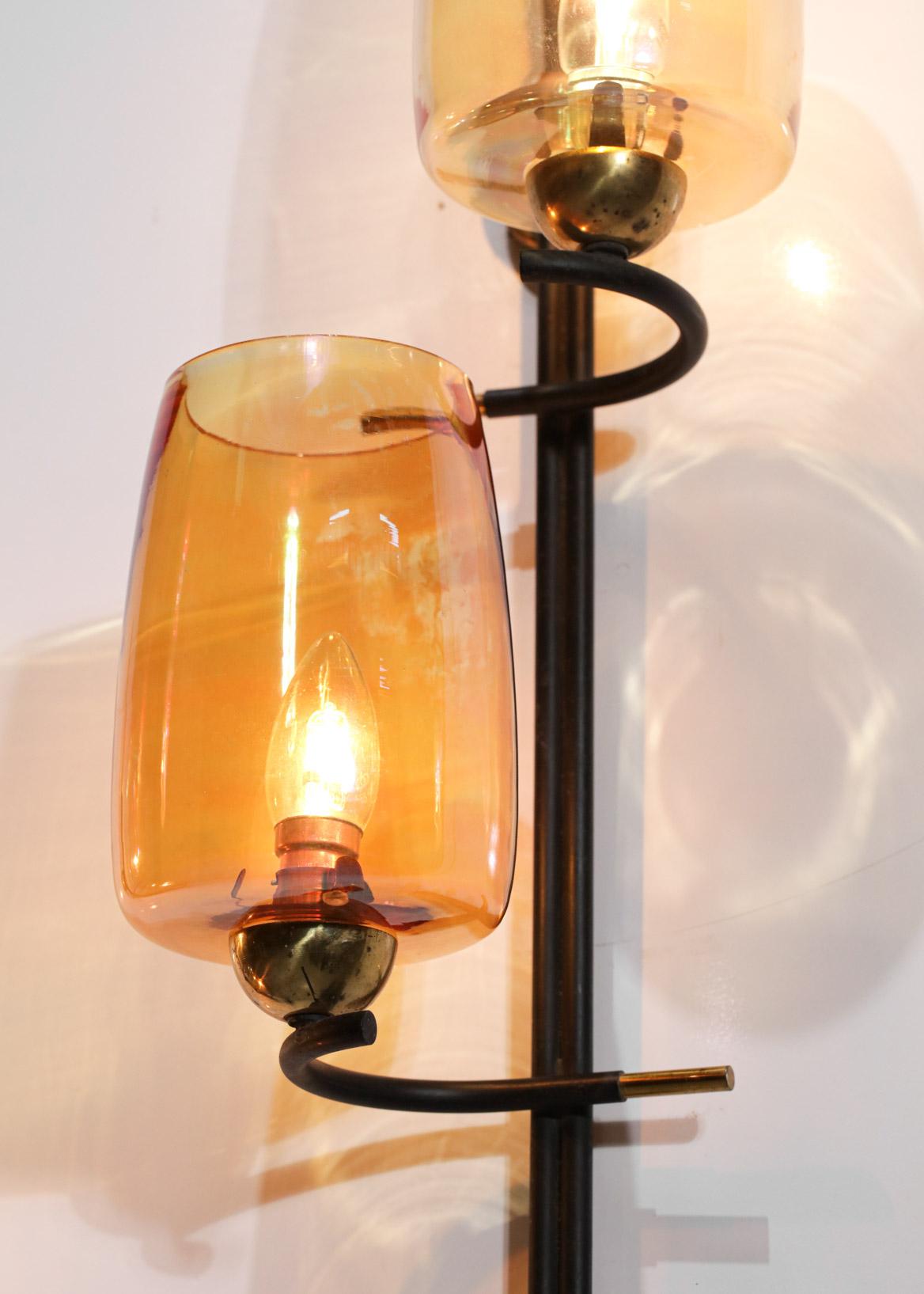 Mid-Century Modern Pair of 50s/60s French Vintage Brass Orange Glass Sconces Wall Lights For Sale