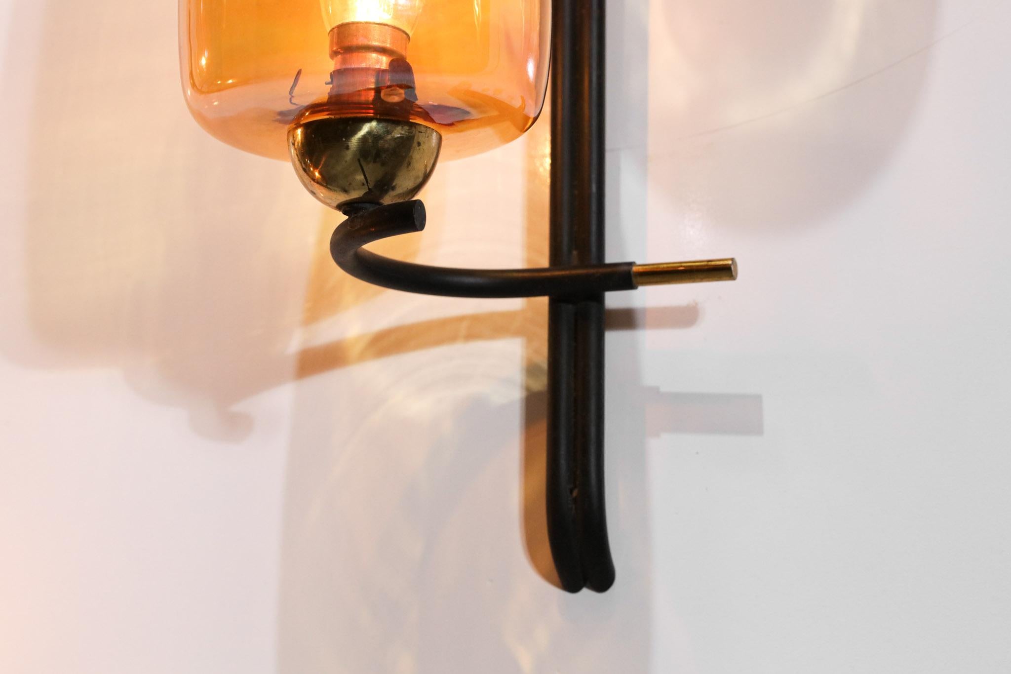 Lacquered Pair of 50s/60s French Vintage Brass Orange Glass Sconces Wall Lights For Sale