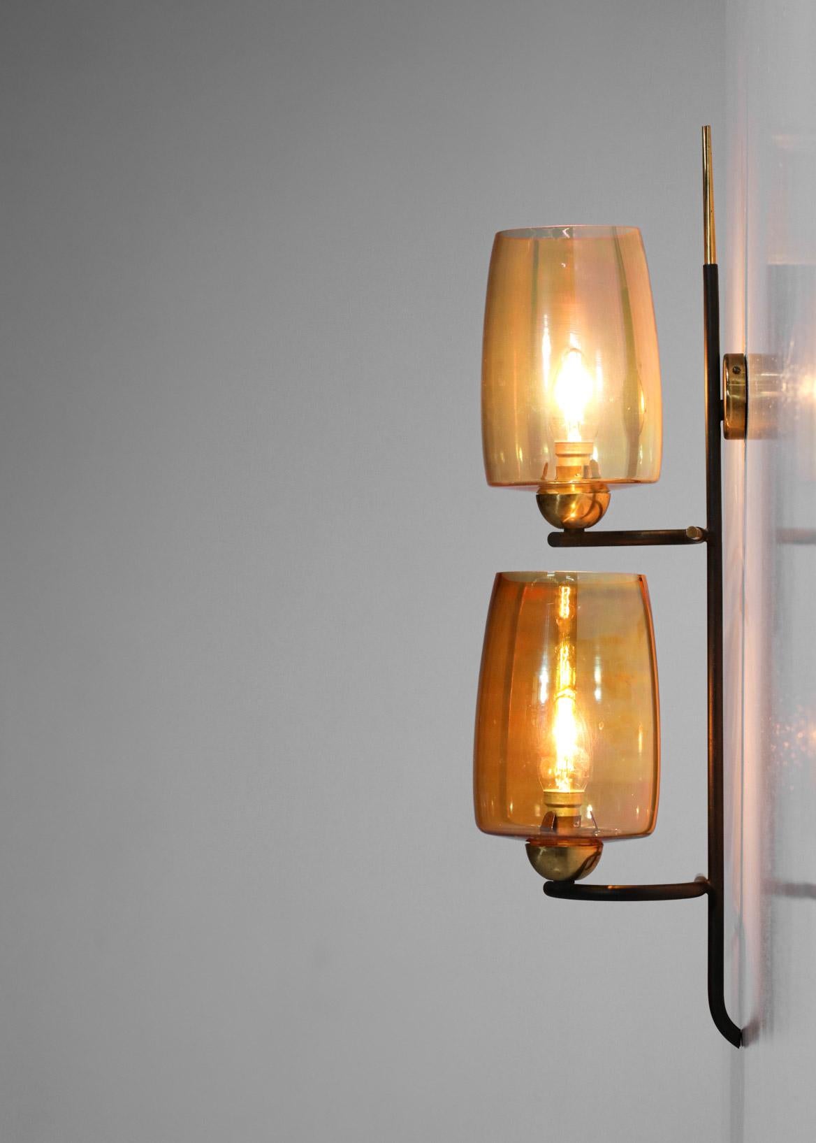 Mid-20th Century Pair of 50s/60s French Vintage Brass Orange Glass Sconces Wall Lights For Sale