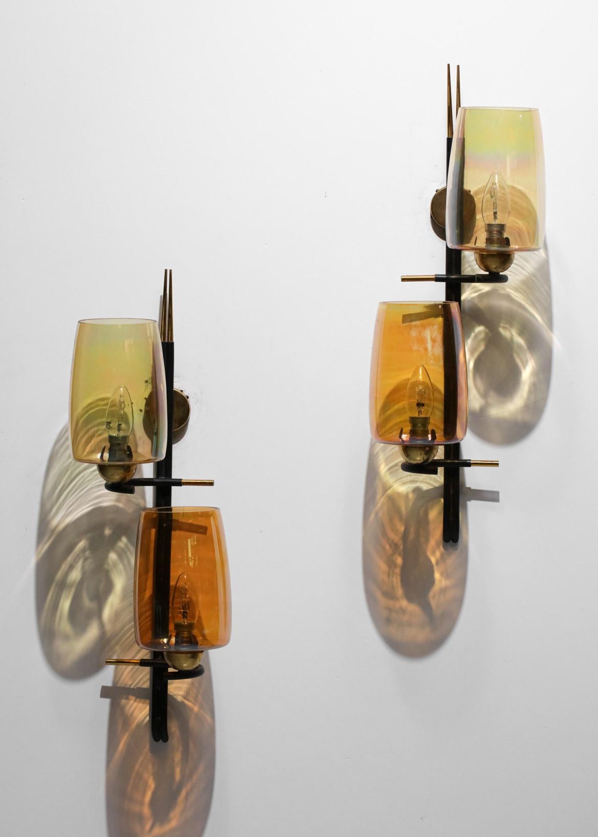 Metal Pair of 50s/60s French Vintage Brass Orange Glass Sconces Wall Lights For Sale