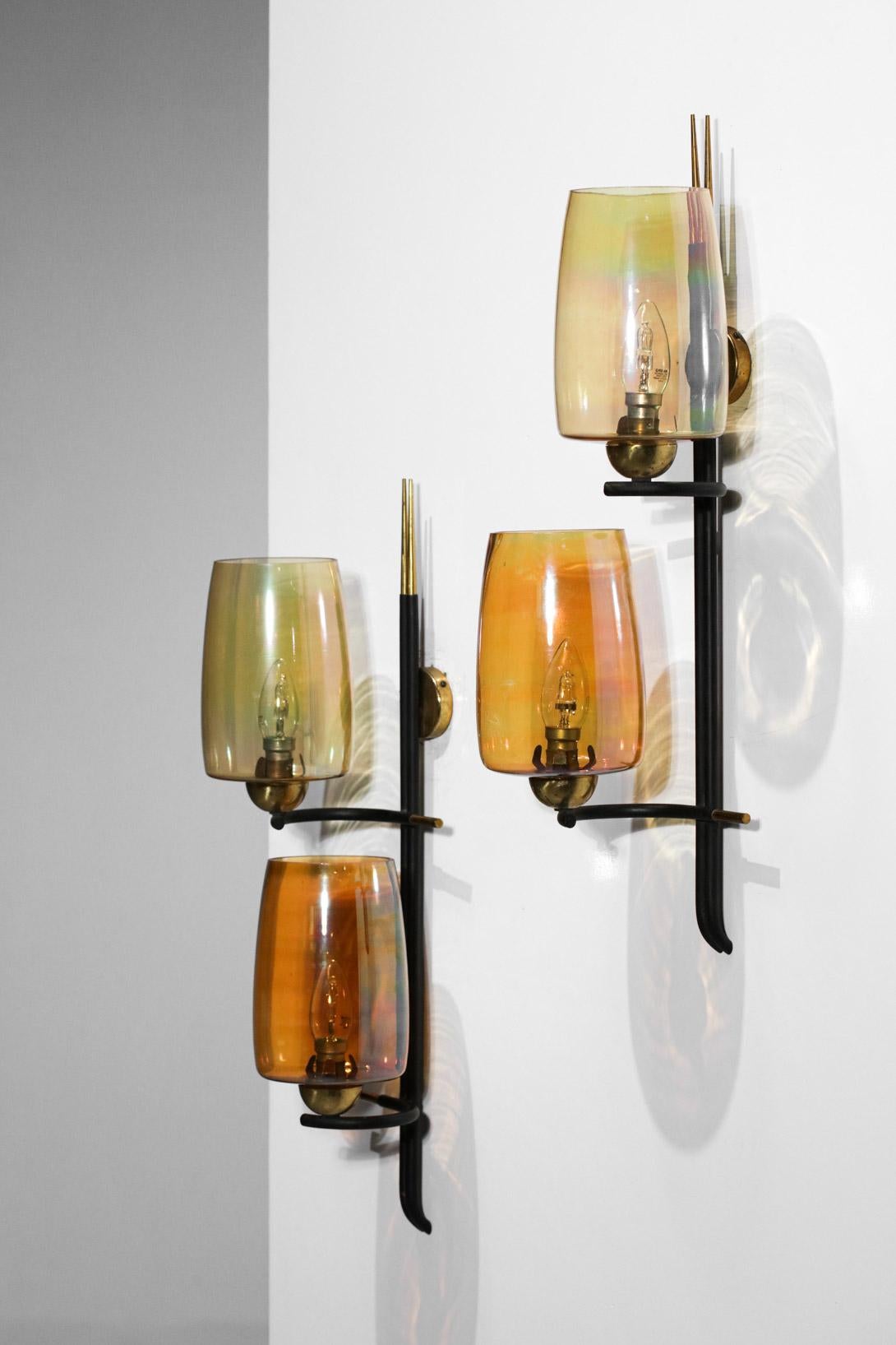 Pair of 50s/60s French Vintage Brass Orange Glass Sconces Wall Lights For Sale 1