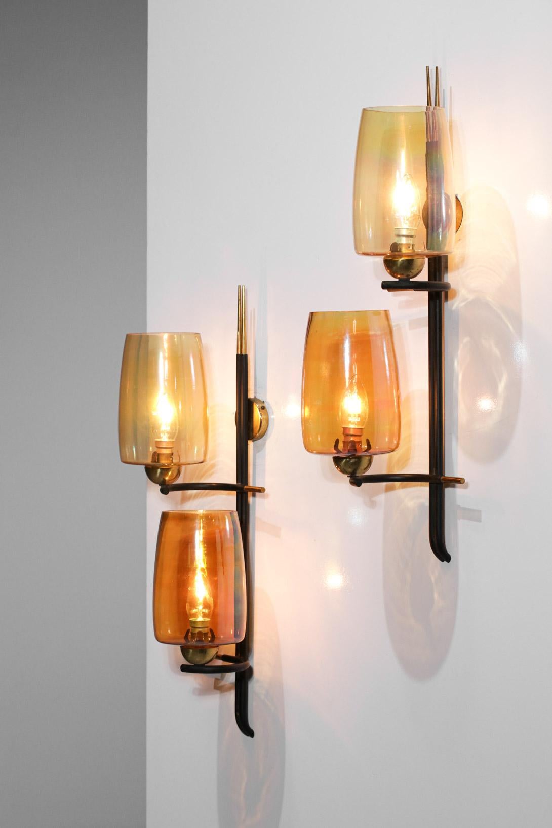 Pair of 50s/60s French Vintage Brass Orange Glass Sconces Wall Lights For Sale 2