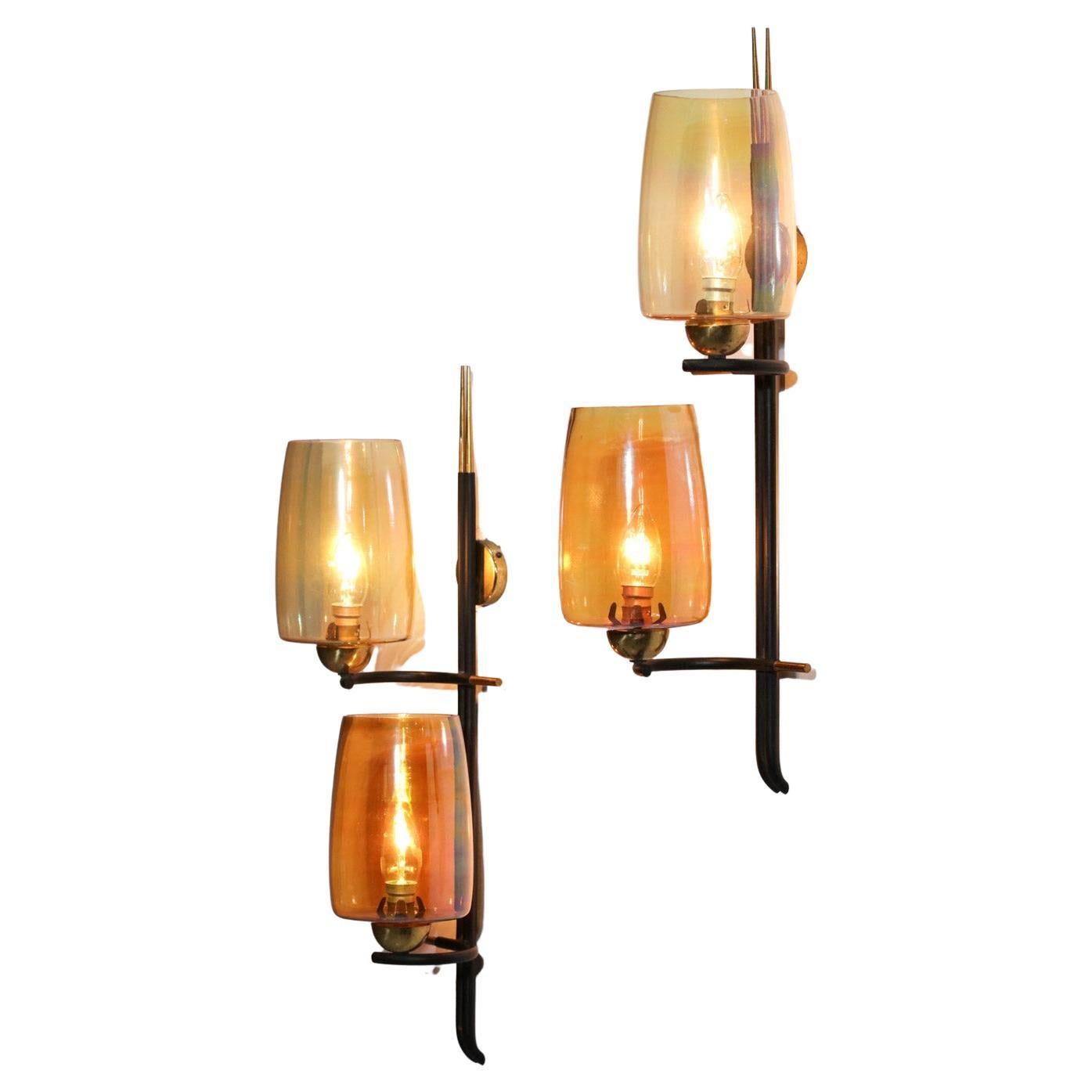 Pair of 50s/60s French Vintage Brass Orange Glass Sconces Wall Lights For Sale
