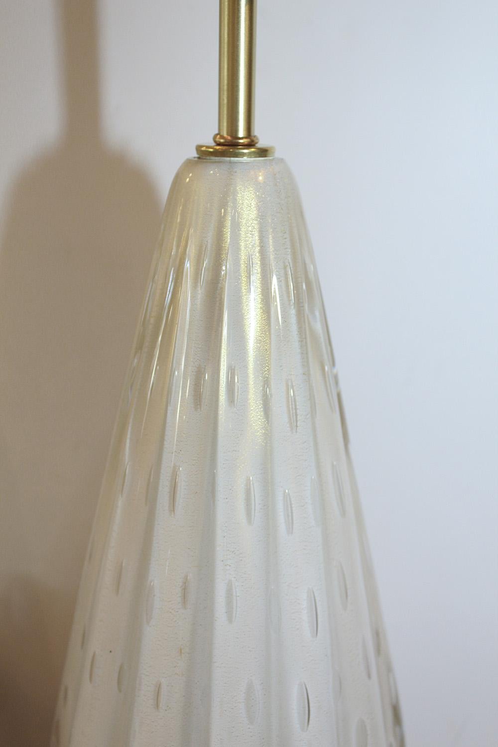 Mid-Century Modern Pair of 50's Barbini White Gold-Dusted Bollicante Murano Lamps