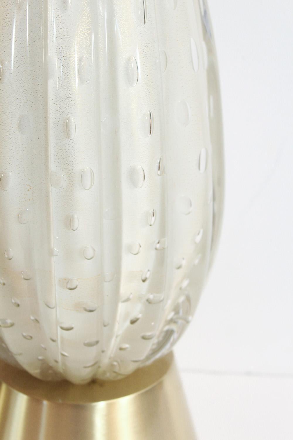 Brushed Pair of 50's Barbini White Gold-Dusted Bollicante Murano Lamps