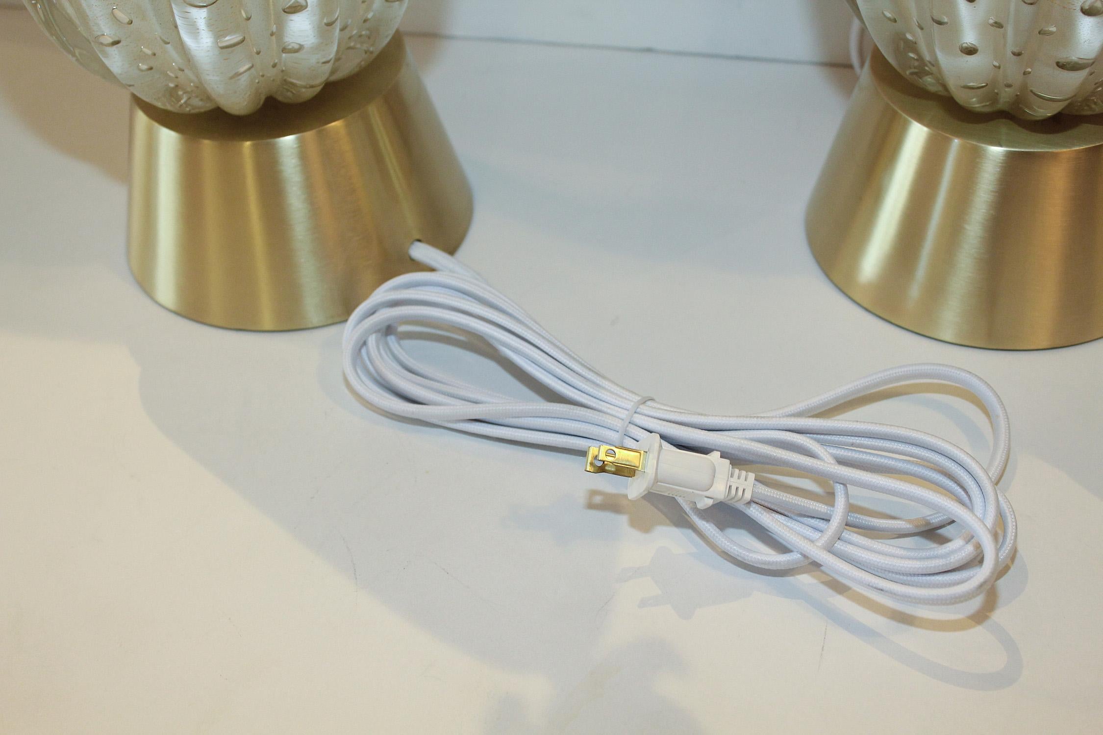Brass Pair of 50's Barbini White Gold-Dusted Bollicante Murano Lamps