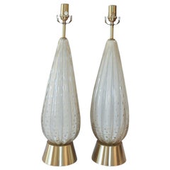 Pair of 50's Barbini White Gold-Dusted Bollicante Murano Lamps