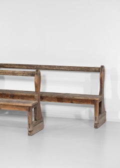 Pair of 50's French Church Pews in Solid Oak Rustic Campaign Brutalist