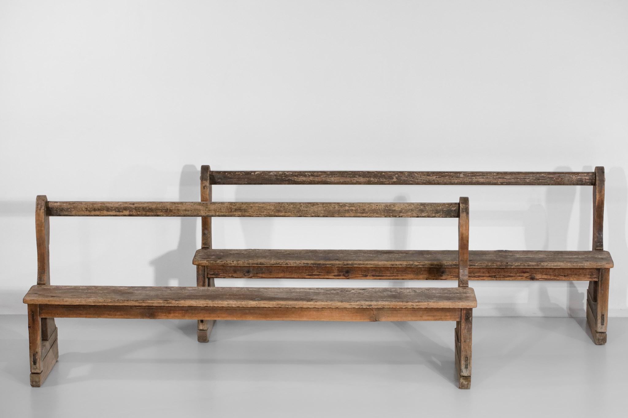 Mid-20th Century Pair of 50's French Church Pews in Solid Oak Rustic Campaign Brutalist
