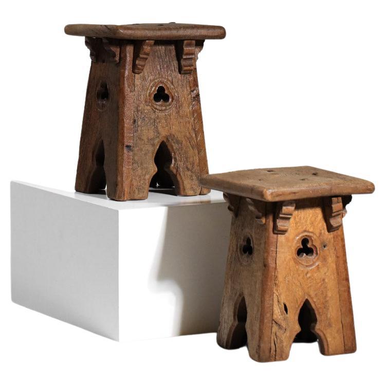 pair of 50's french folk art brutalist stools