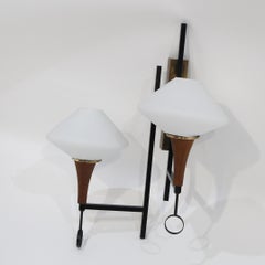 Pair of 1950s Lacquered Metal Wood Opaline Glass Esperia Wall Sconces