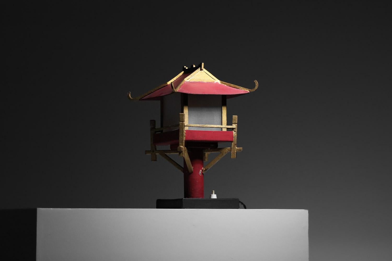 French Pair of 50's lamps in the shape of a handcrafted Chinese pagoda For Sale