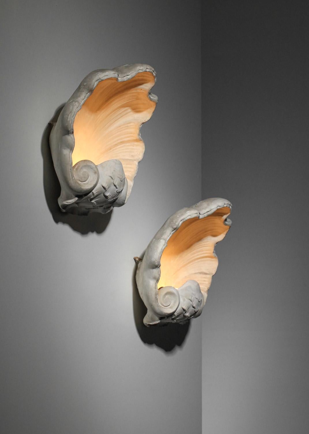 Mid-Century Modern pair of 50's shell sconces in plaster Serge Roche style 