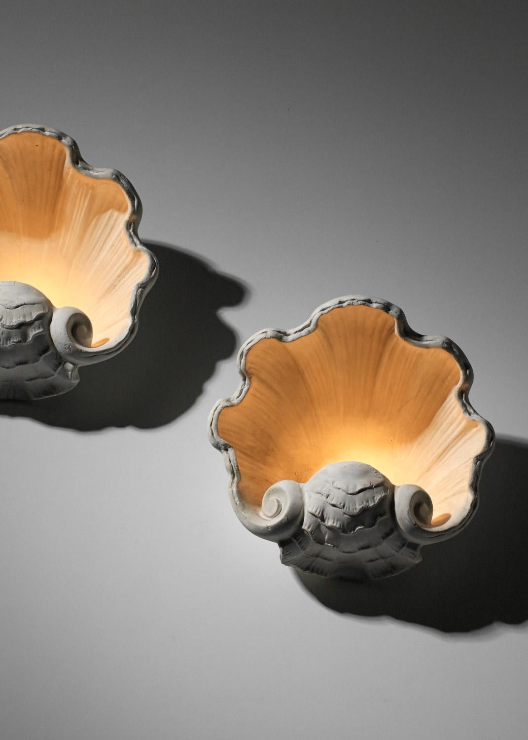 French pair of 50's shell sconces in plaster Serge Roche style 